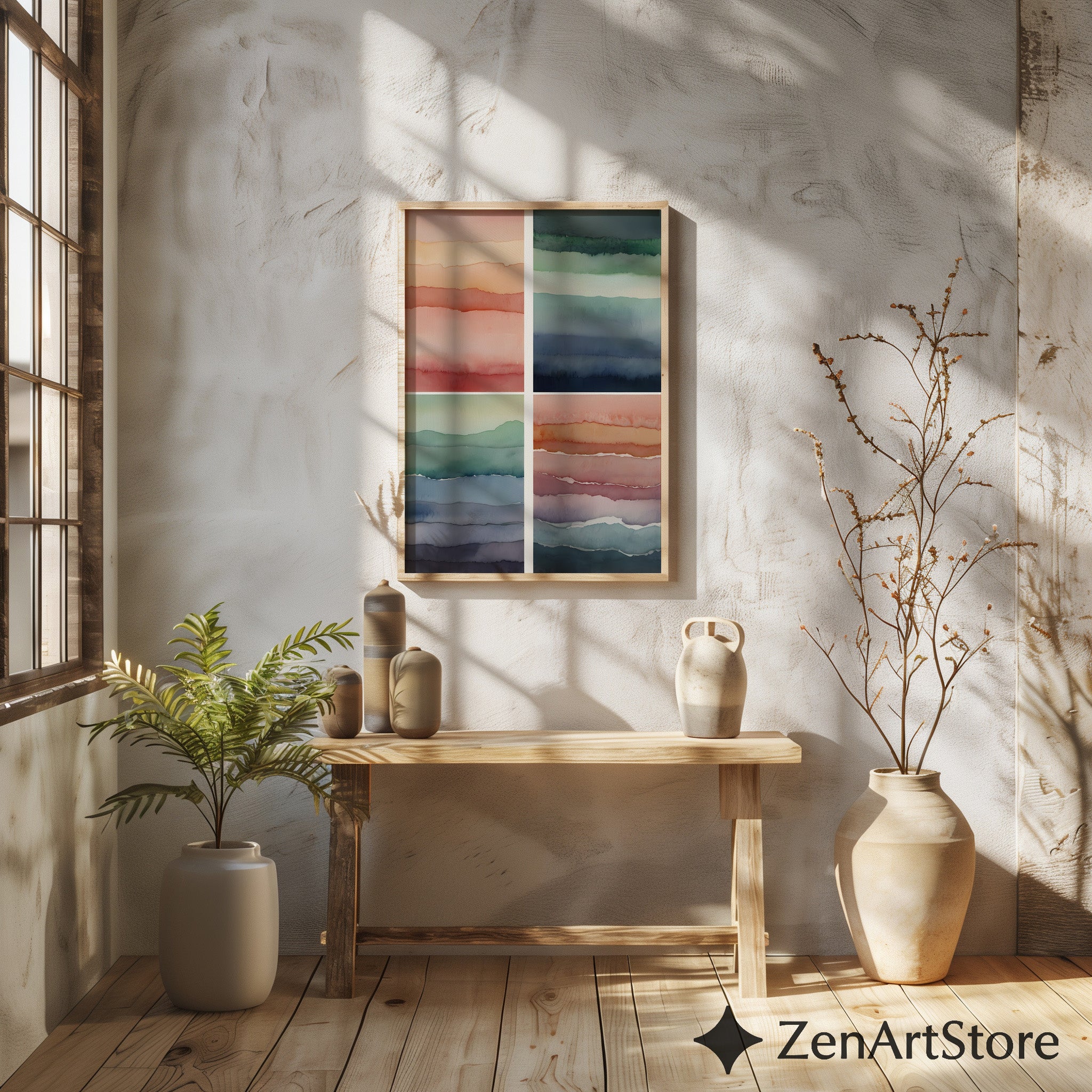 Abstract Watercolor Wall Art Set of 4 – Minimal Layered Landscapes, Neutral Japandi Boho Prints for Living Room & Bedroom, Printable Digital Download