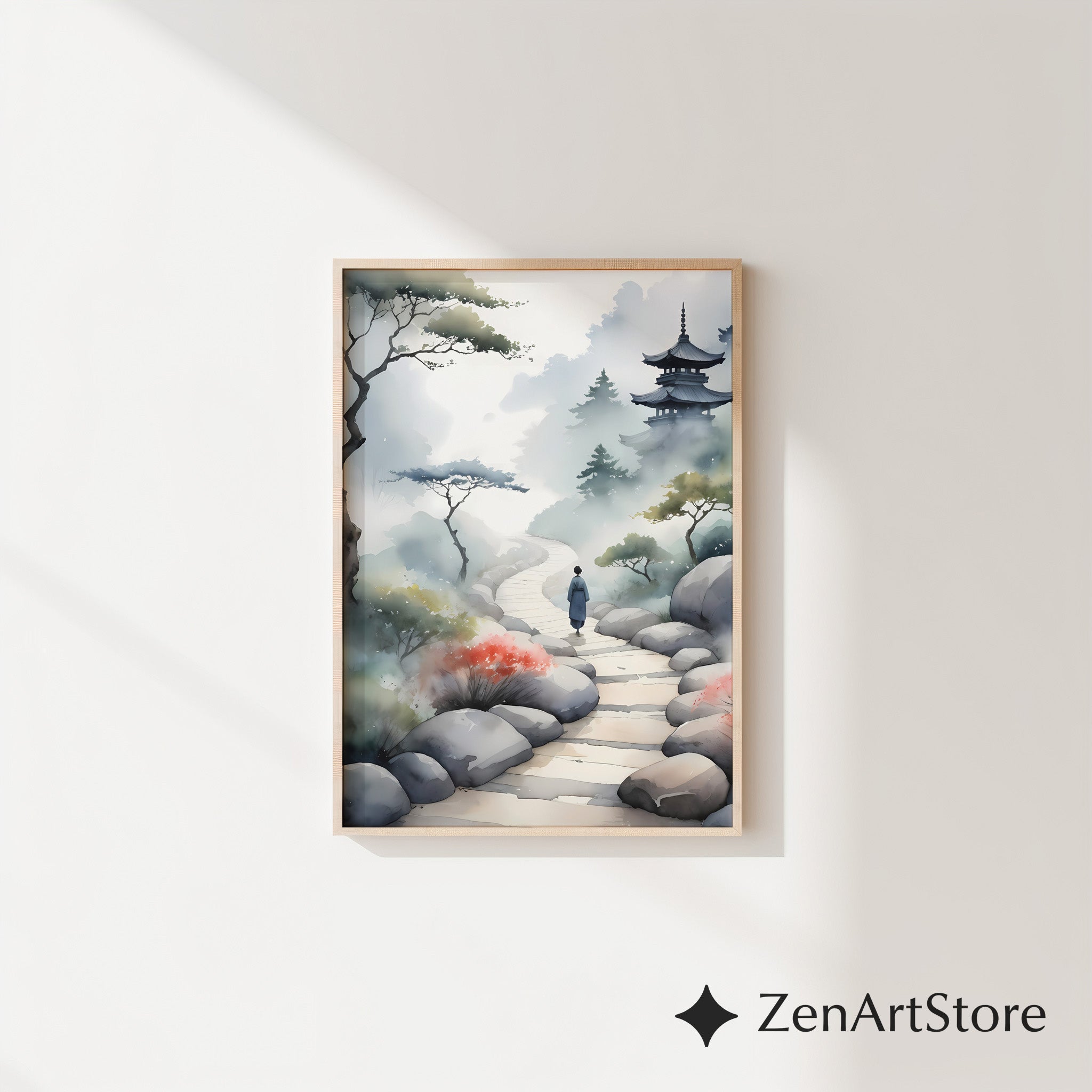 Misty Pagoda Path Watercolor Art Print - Zen Japanese Landscape, Japandi Minimal Wall Art for Living Room, Bedroom, Meditation Space