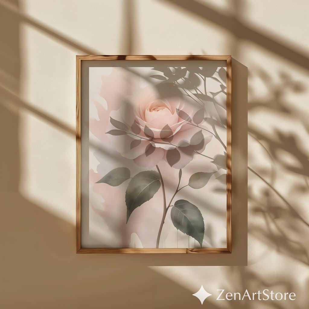 Blush Rose Wall Art Print - Soft Pastel Botanical Rose, Minimal Floral Nursery & Bedroom Decor, Neutral Modern Printable