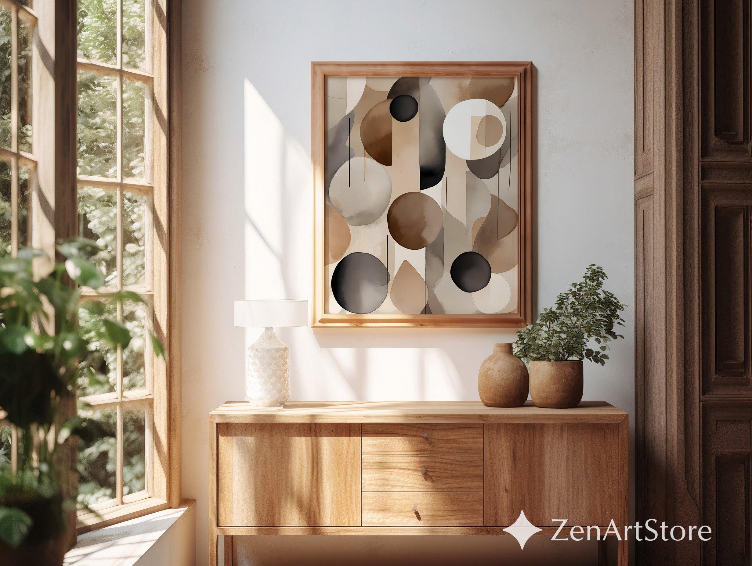 Neutral Abstract Wall Art Print - Brown Beige Black Minimal Geometric Watercolor for Japandi Scandinavian Home Decor