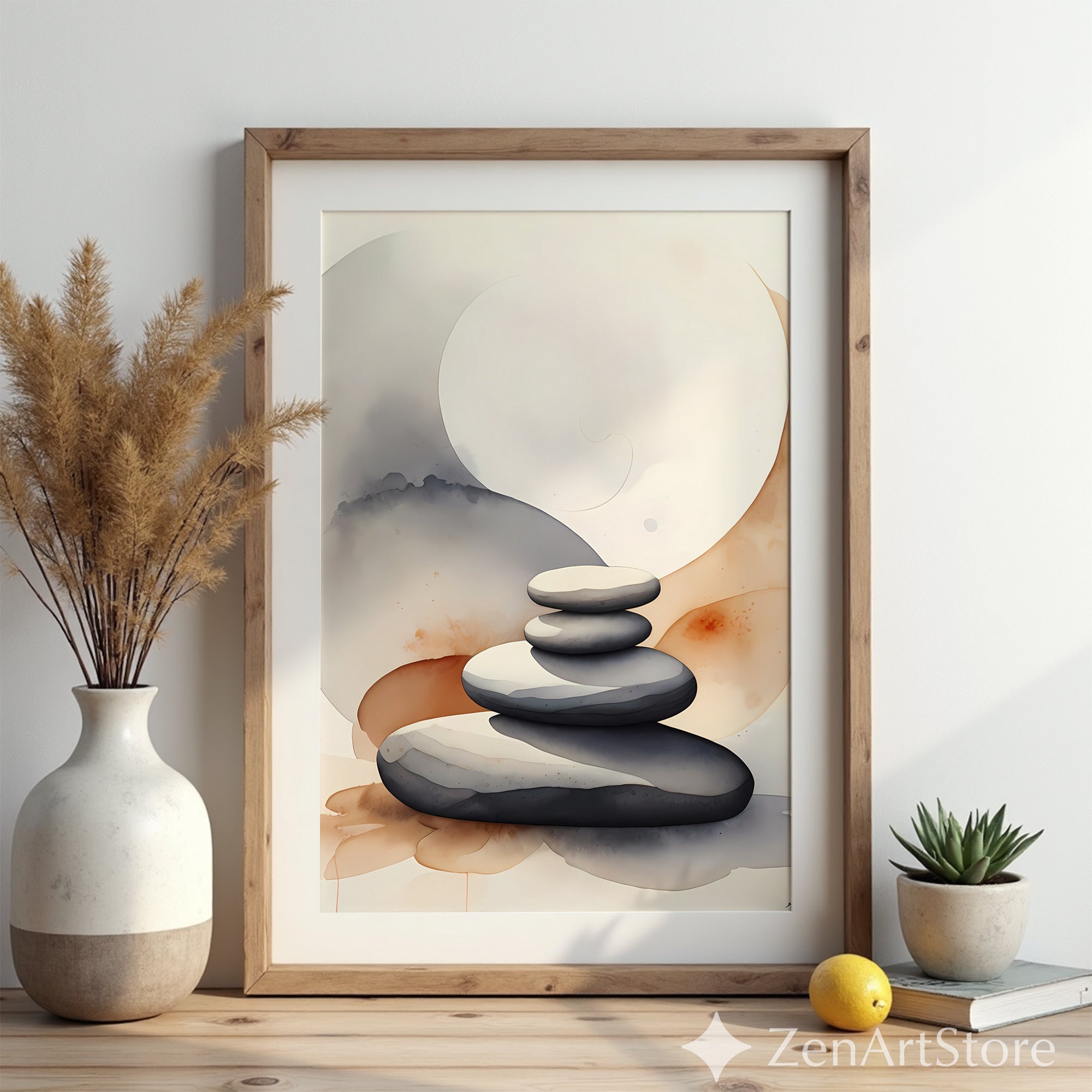 Zen Stacked Stones Print - Neutral Watercolor Minimal Art, Japandi Scandi Calm Wall Decor for Living Room Bedroom Spa
