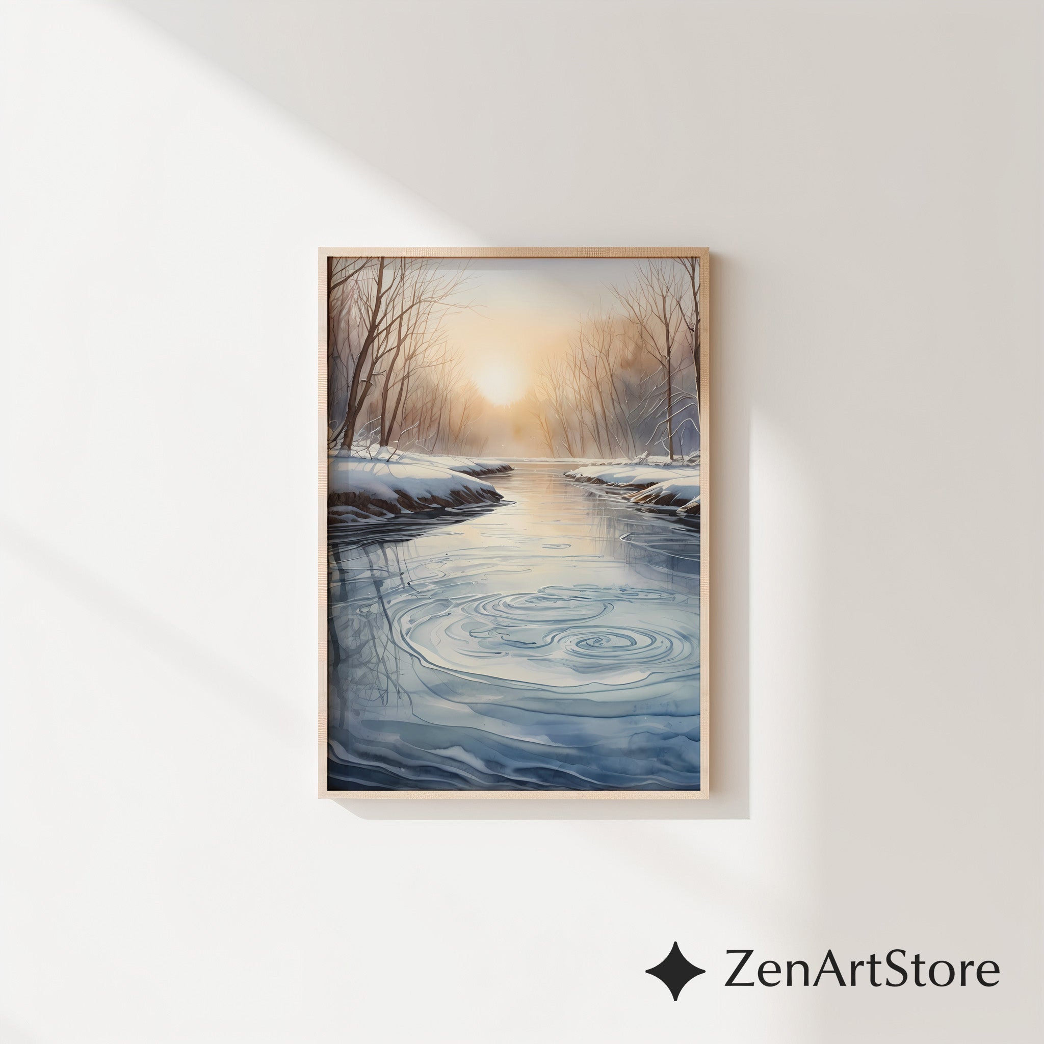 Winter River Sunrise Print - Minimal Scandinavian Landscape Wall Art, Neutral Japandi Zen Home Decor