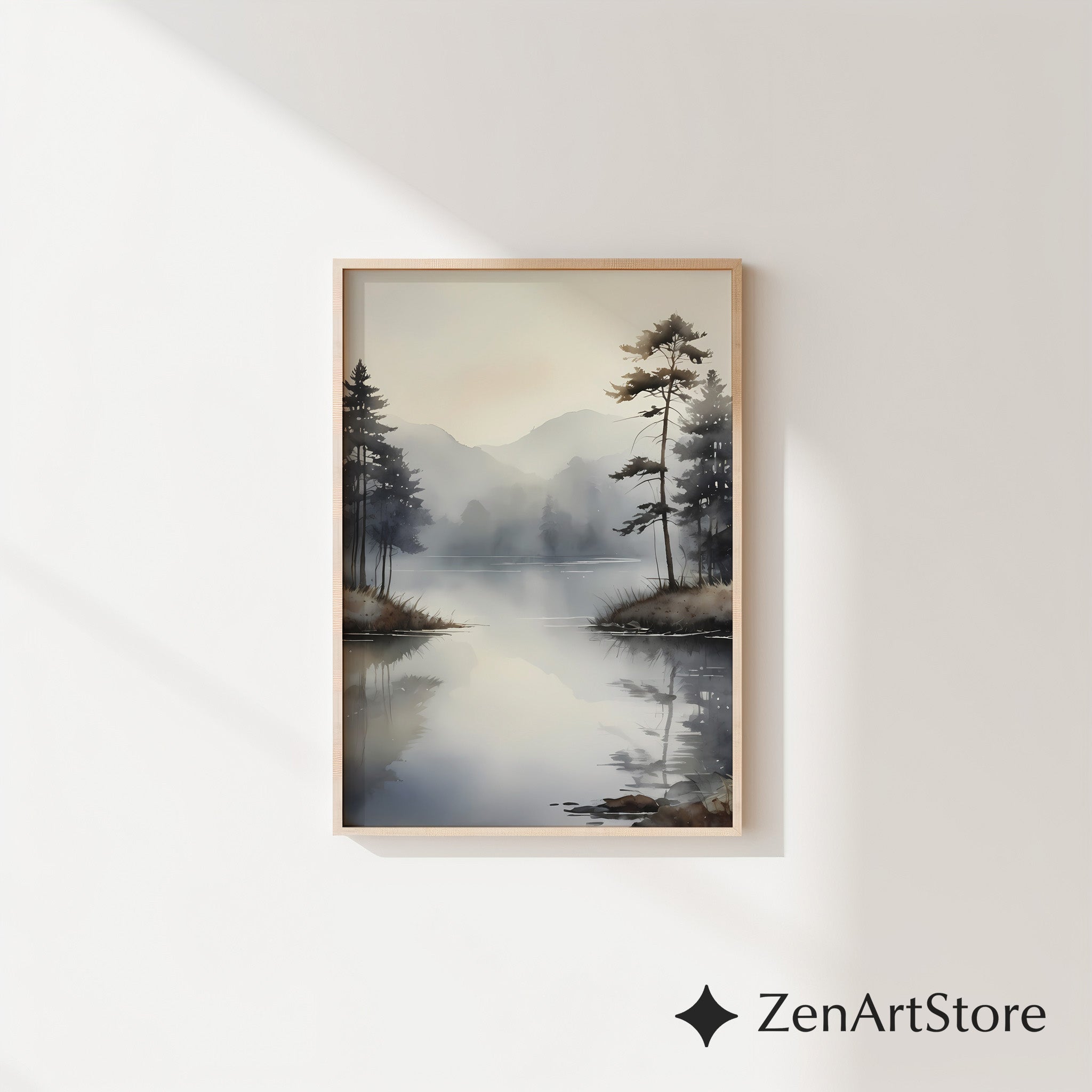 Misty Lake Minimalist Wall Art - Neutral Japandi Landscape Print, Calm Scandinavian Zen Decor for Living Room, Bedroom & Office