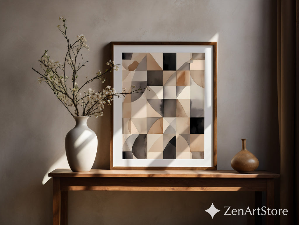 Neutral Geometric Abstract Art Print - Beige Brown Black Minimal Japandi Wabi Sabi Wall Decor