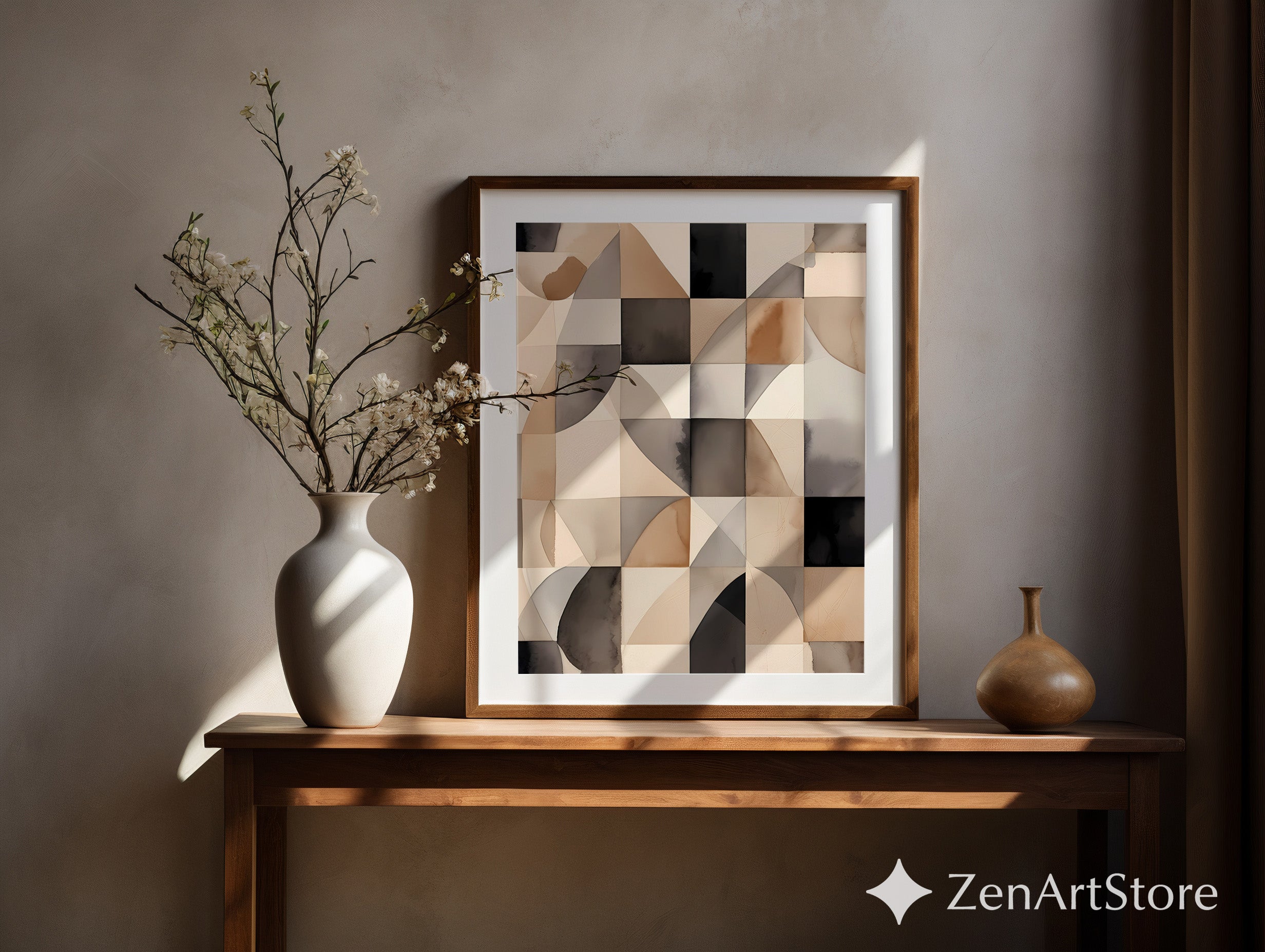 Neutral Geometric Abstract Art Print - Beige Brown Black Minimal Japandi Wabi Sabi Wall Decor
