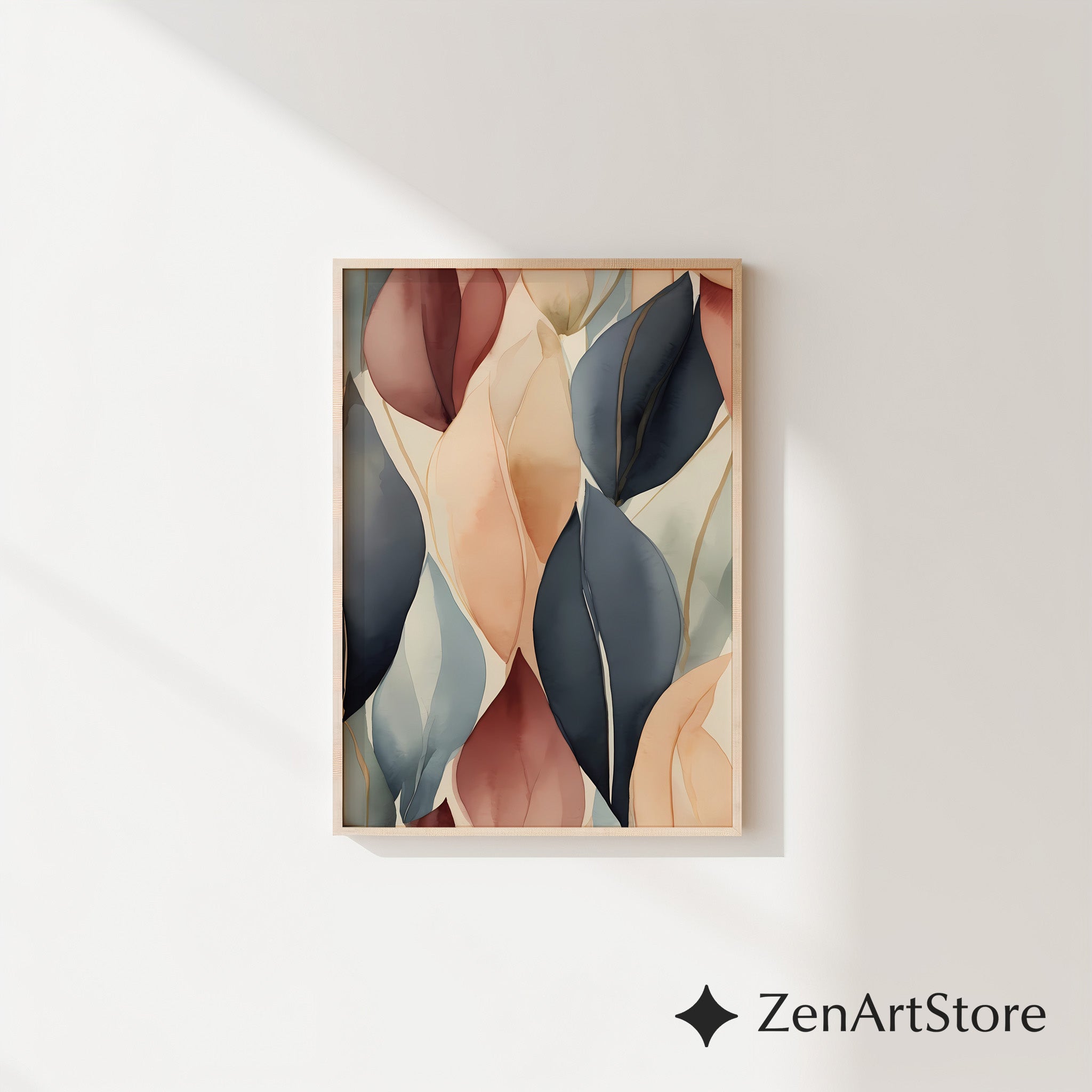 Abstract Botanical Leaf Art Print - Neutral Beige Blush Navy Wall Decor - Japandi Minimalist Modern Home Decor