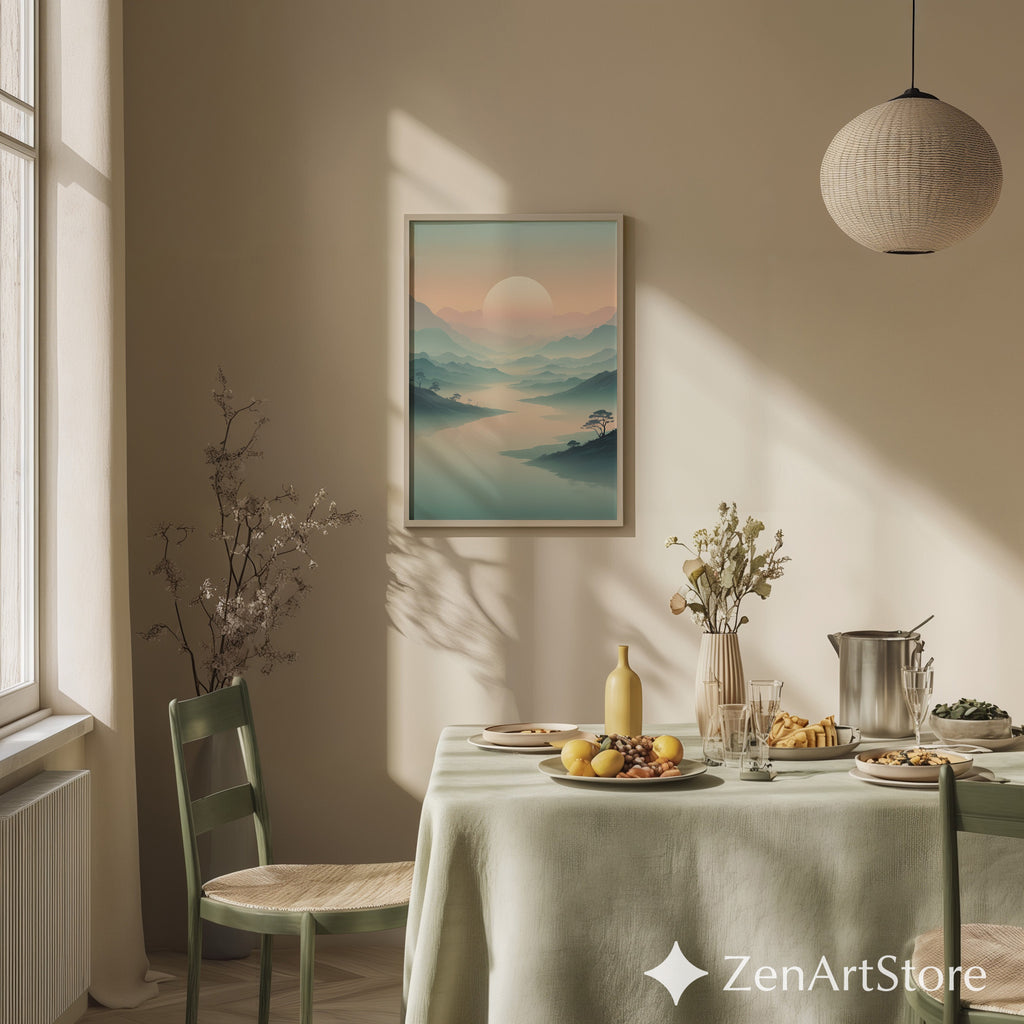 Misty Mountain Sunrise Wall Art - Minimal Zen Landscape Print, Japandi Pastel Sun Poster for Living Room