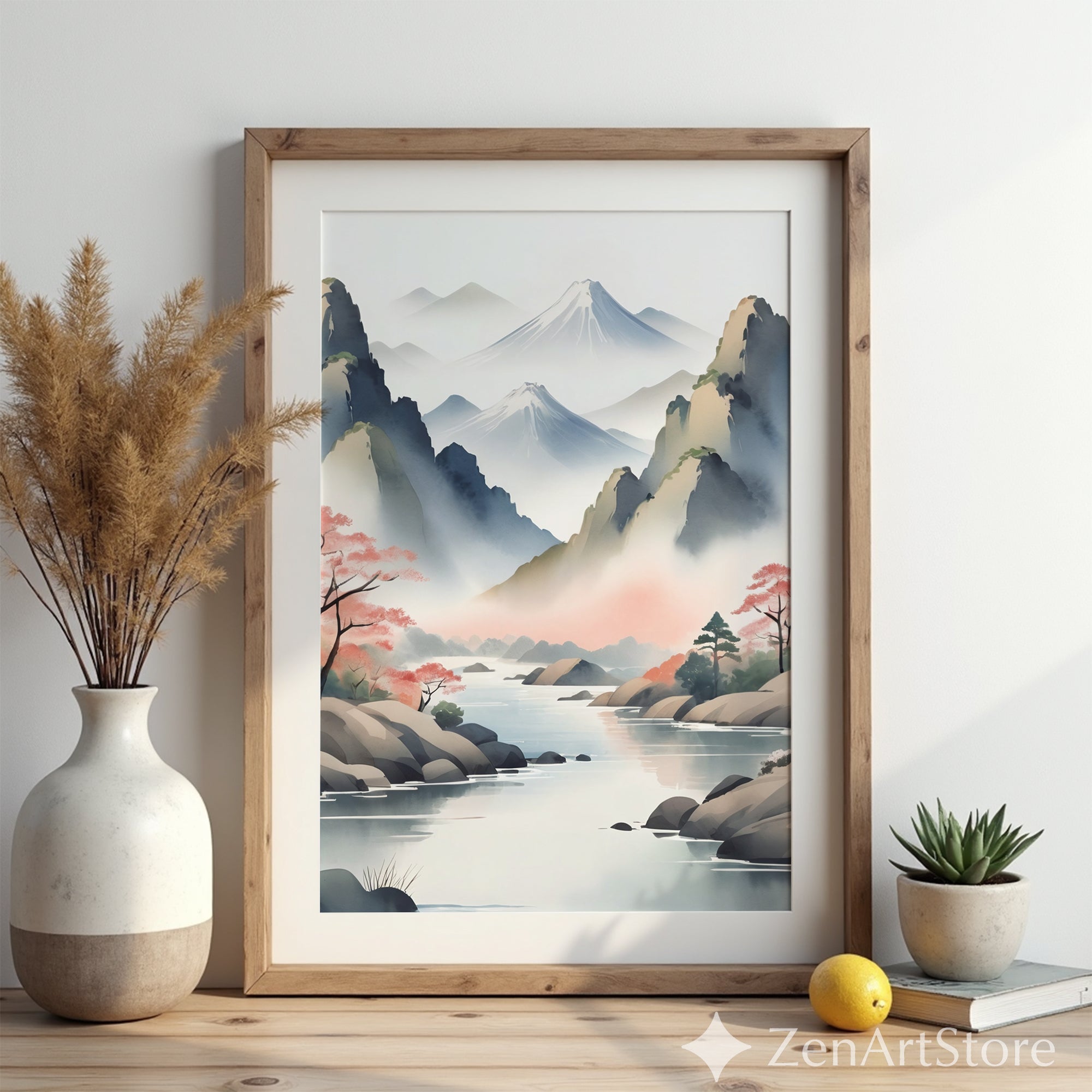 Misty Japanese Mountain Watercolor Print - Zen Cherry Blossom Landscape Art for Living Room Japandi Minimal Wall Decor