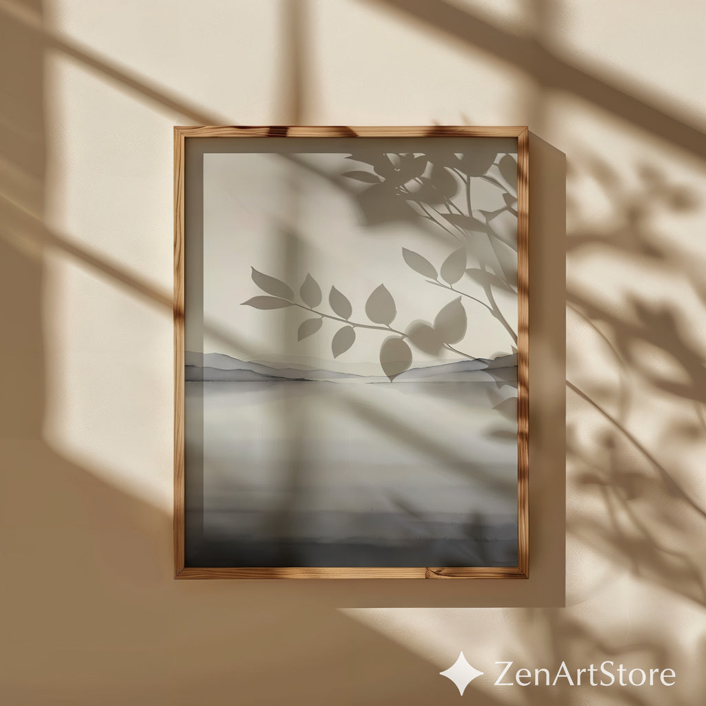 Minimal Neutral Landscape Wall Art - Misty Lake with Layered Hills - Japandi Scandinavian Zen Print for Living Room Bedroom