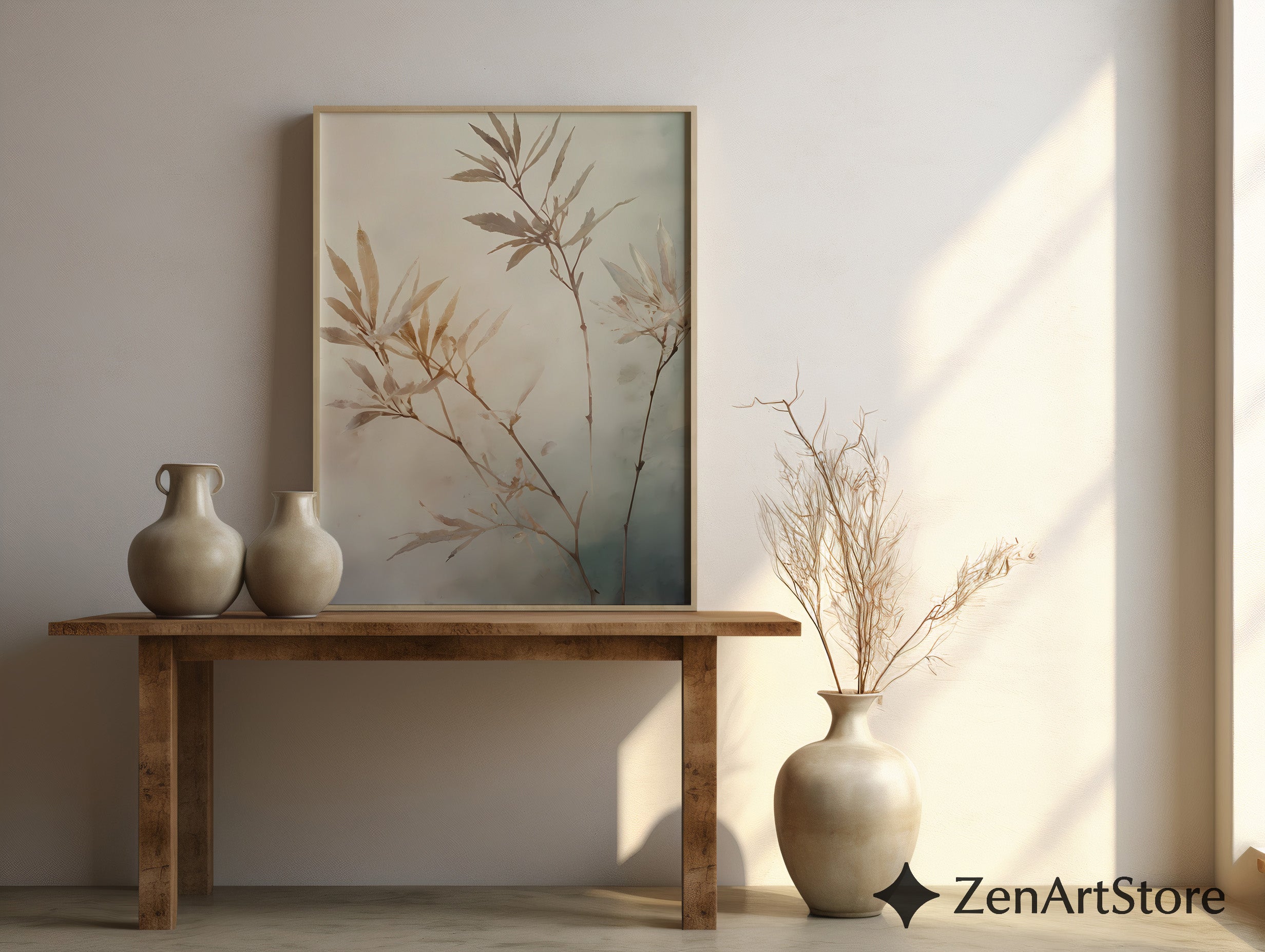 Neutral Botanical Wall Art Print - Japandi Minimalist Plant Painting, Beige Wabi Sabi Home Decor