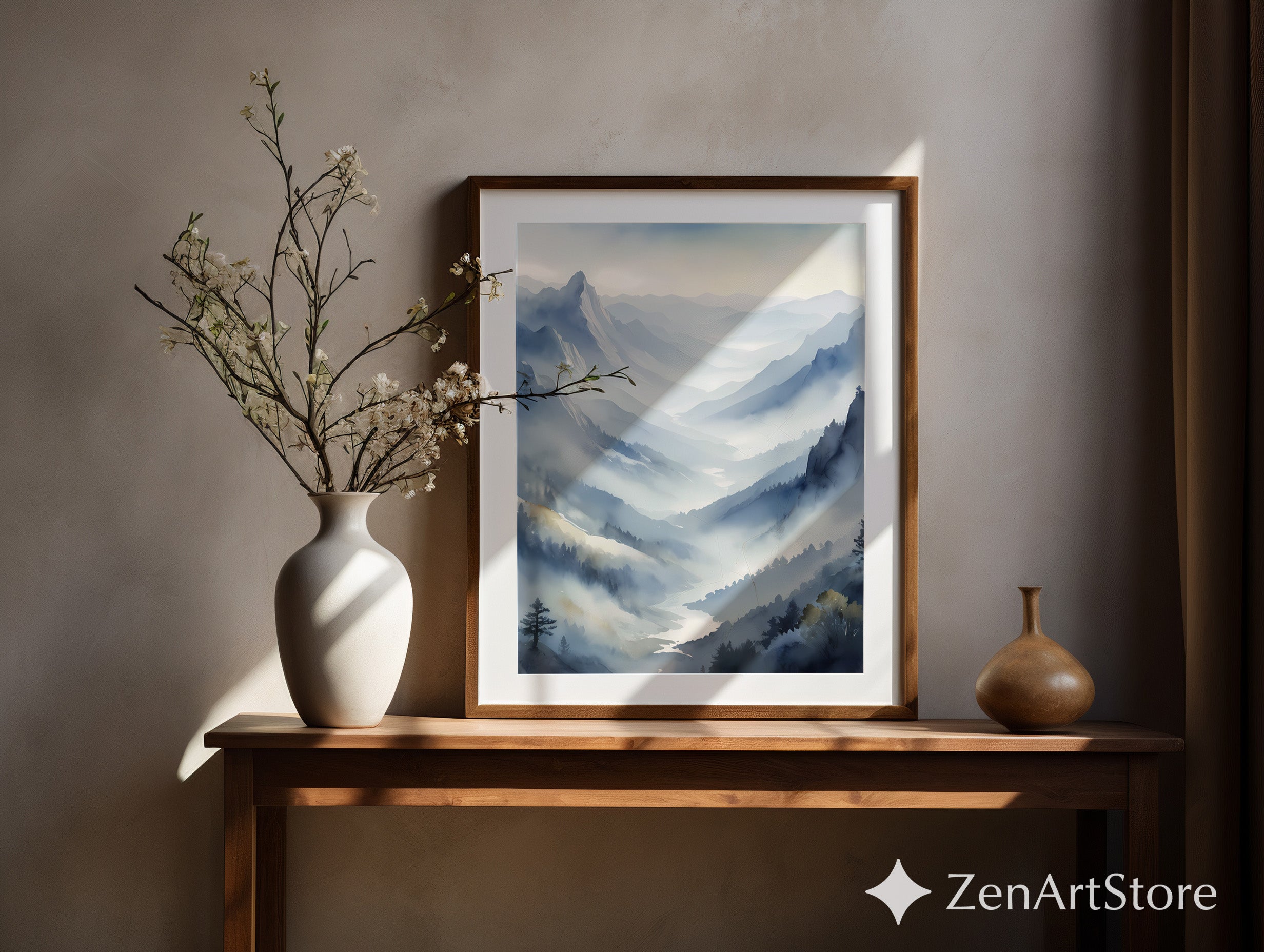 Misty Mountain Valley Wall Art Print - Serene Blue Grey Landscape, Minimalist Japandi Scandinavian Home Decor, Foggy Nature Print