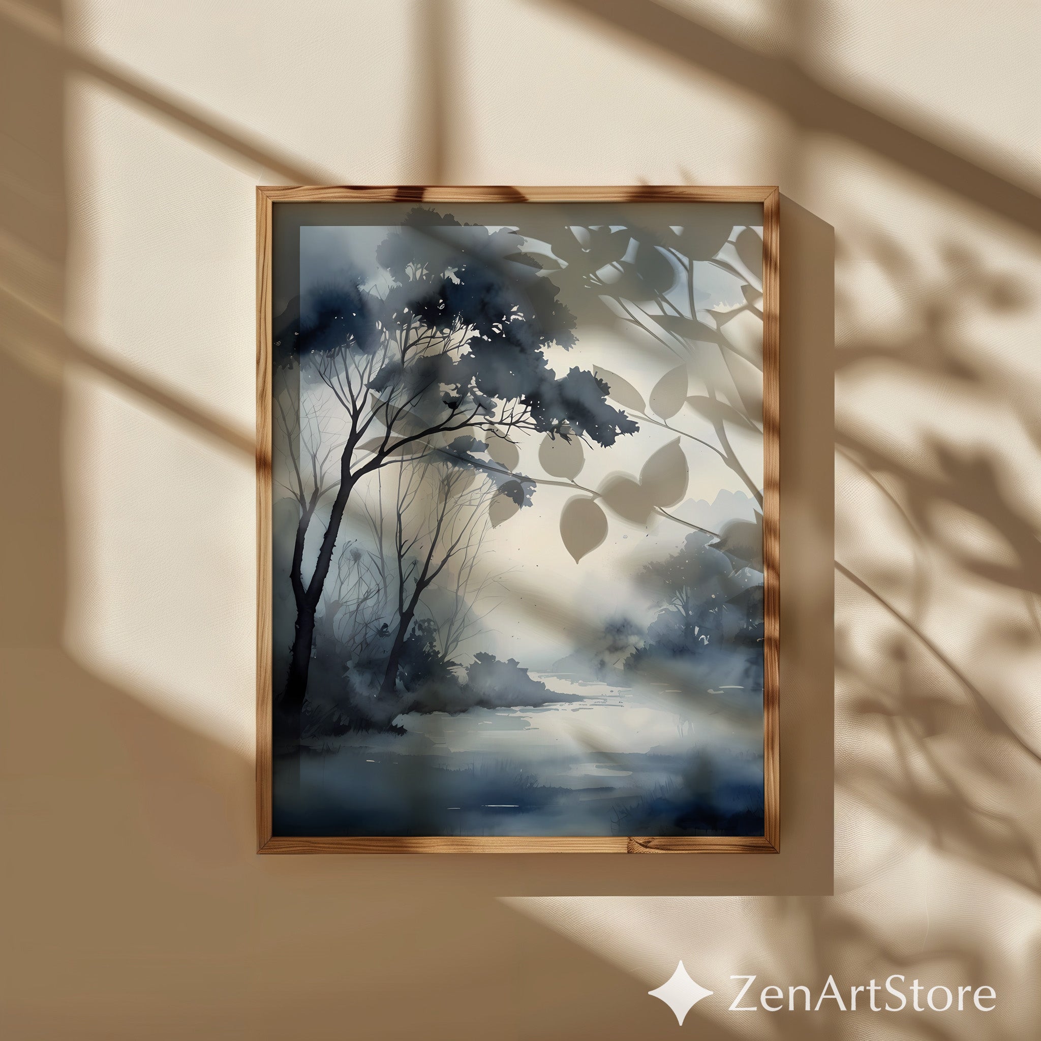 Misty Blue-Gray Watercolor Landscape Print - Zen Minimalist Japandi Wall Art for Living Room, Bedroom, Office