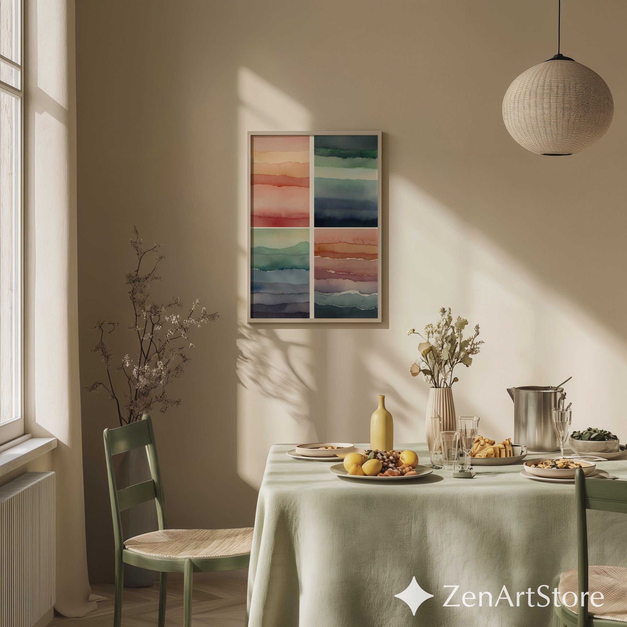 Abstract Watercolor Wall Art Set of 4 – Minimal Layered Landscapes, Neutral Japandi Boho Prints for Living Room & Bedroom, Printable Digital Download