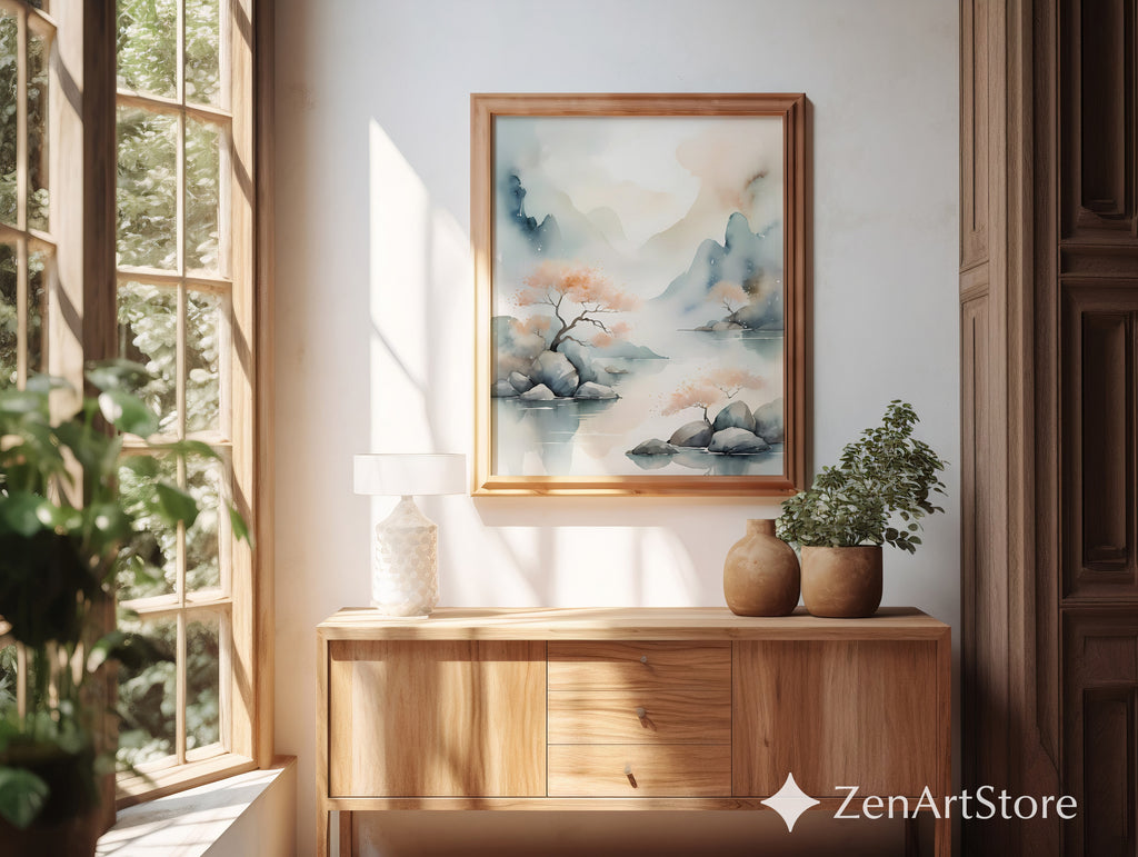 Serene Watercolor Landscape Print - Zen Japandi Wall Art, Minimal Mountain & Peach Tree Illustration for Living Room, Bedroom, Nursery