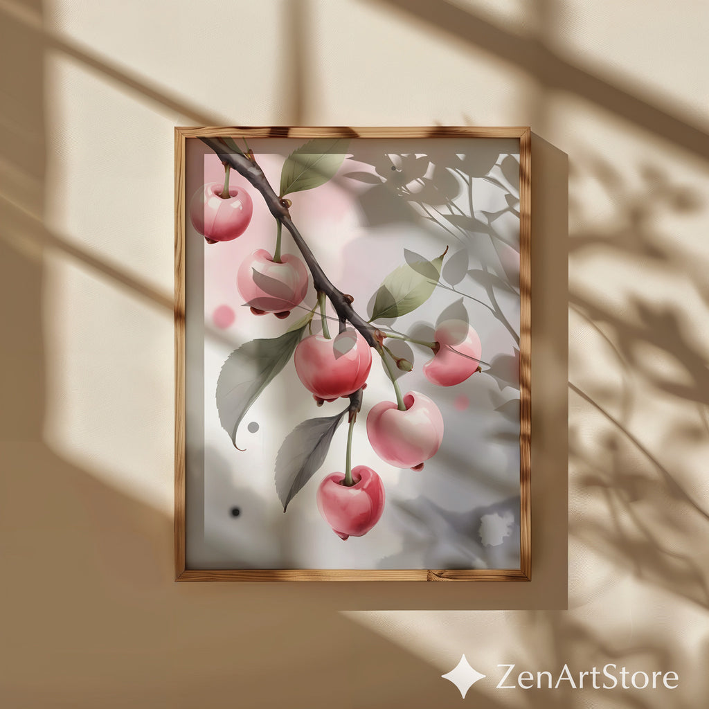 Pink Cherry Art Print Minimal Botanical Wall Art Pastel Fruit Poster for Kitchen Nursery Japandi Scandinavian Home Decor