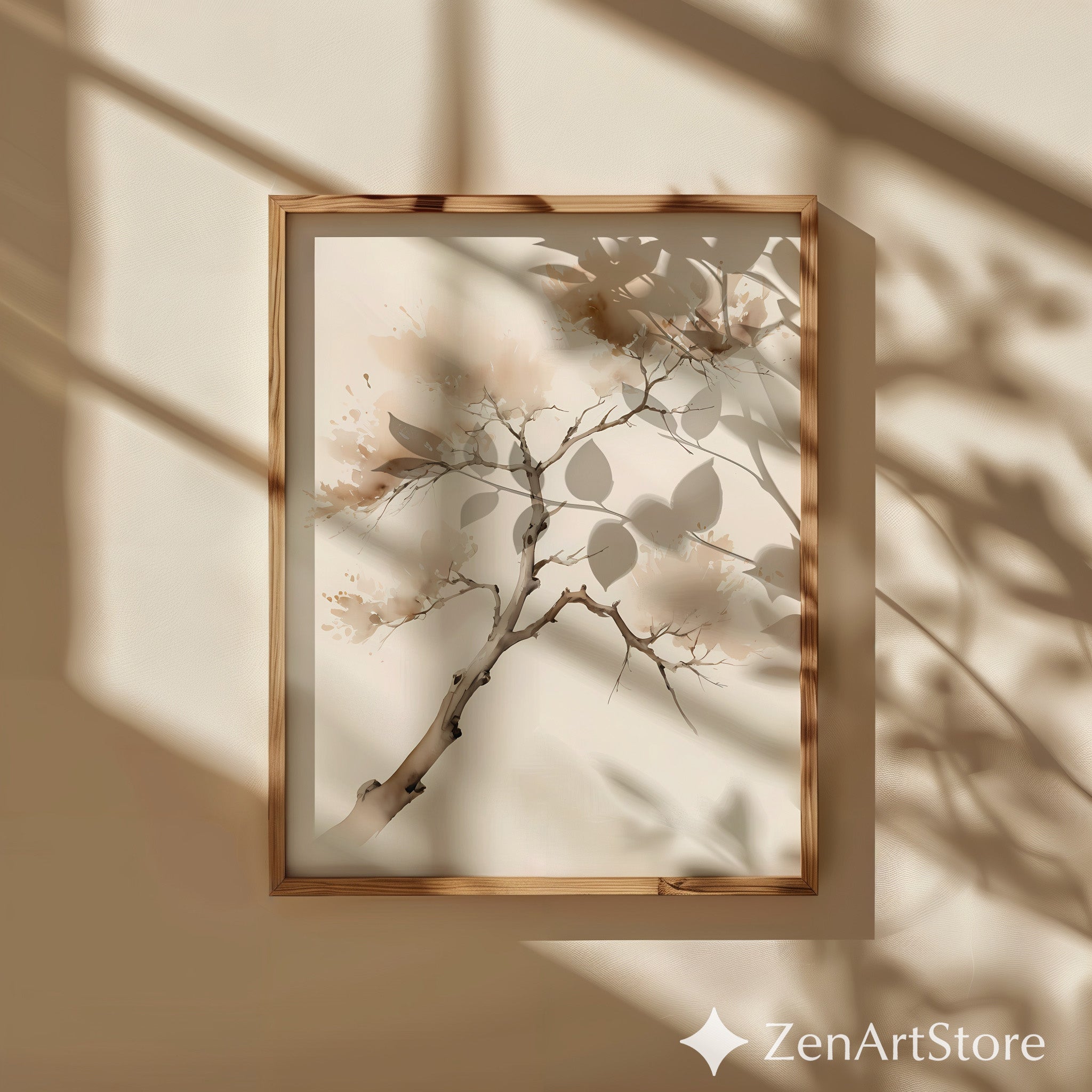 Neutral Zen Branch Watercolor Print - Minimal Japandi Botanical Wall Art in Beige & Brown for Modern Home Decor