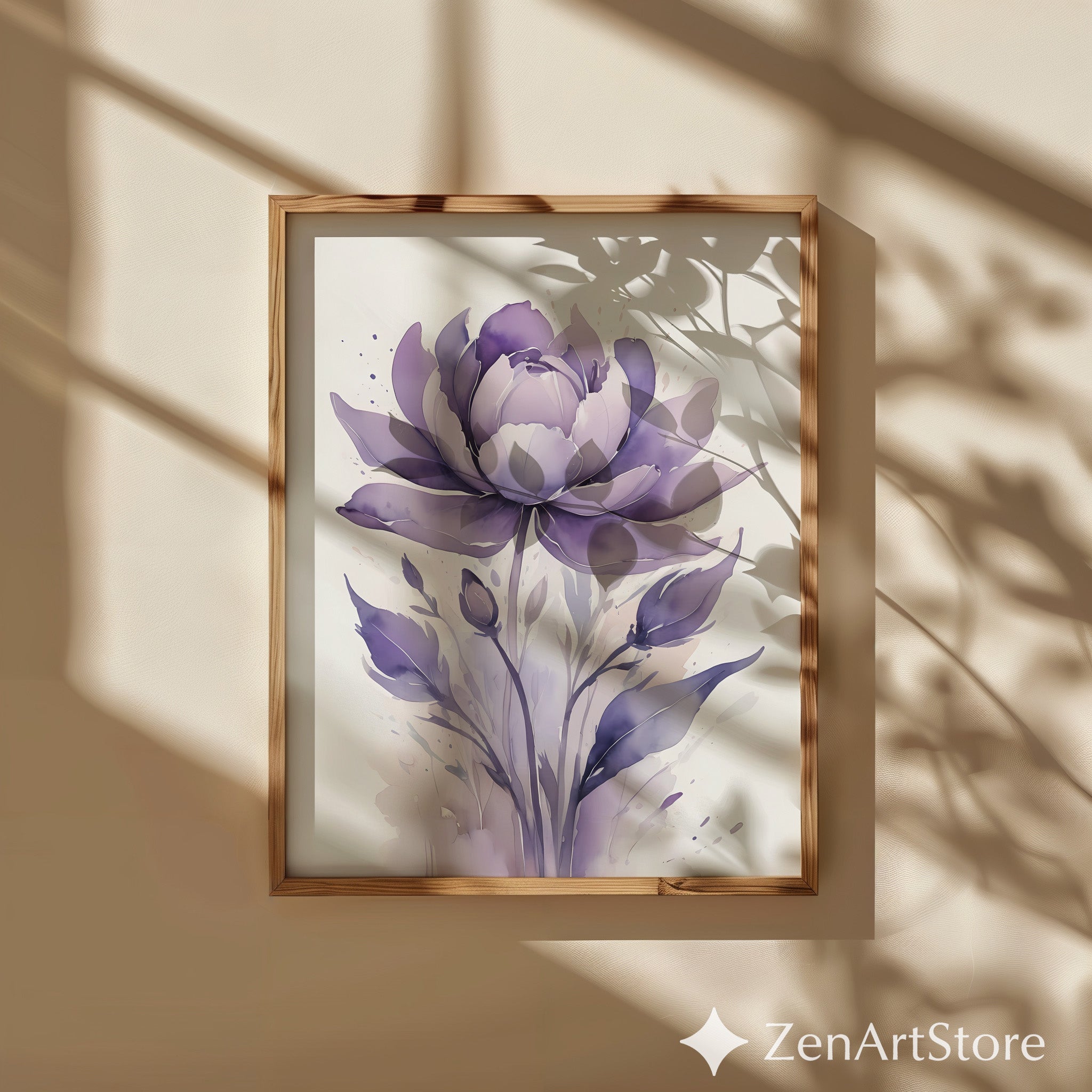 Purple Watercolor Flower Print - Minimal Botanical Wall Art for Living Room, Bedroom, Nursery - Modern Japandi Scandinavian Floral Decor