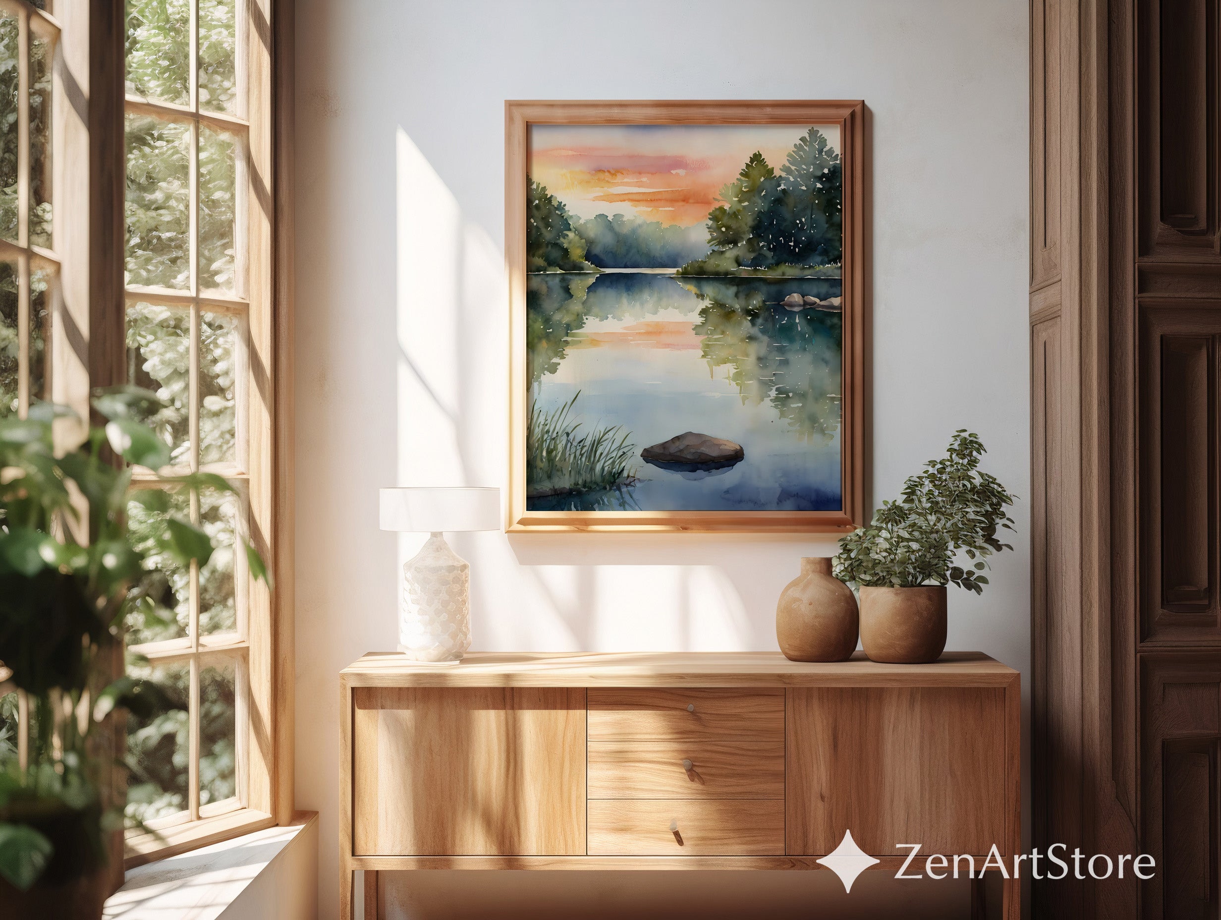 Serene Watercolor Lake Print - Minimal Landscape Wall Art for Japandi & Scandinavian Home Decor