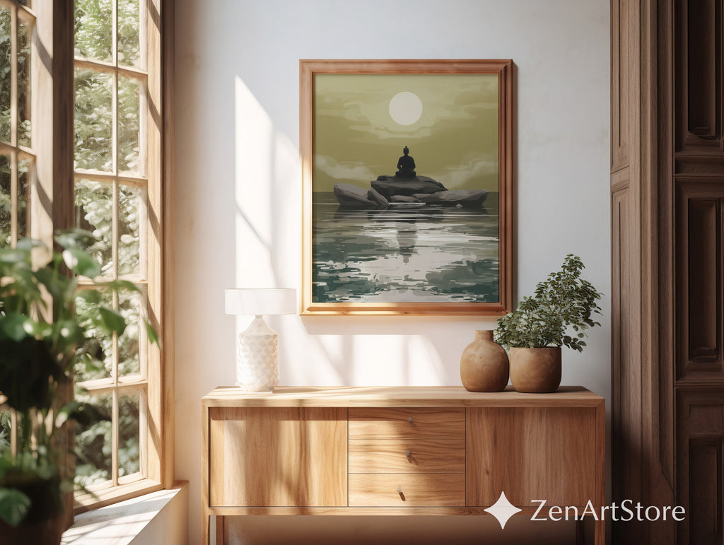 Zen Buddha Minimalist Wall Art - Meditative Landscape Print in Neutral Beige & Green for Japandi, Scandinavian Home Decor