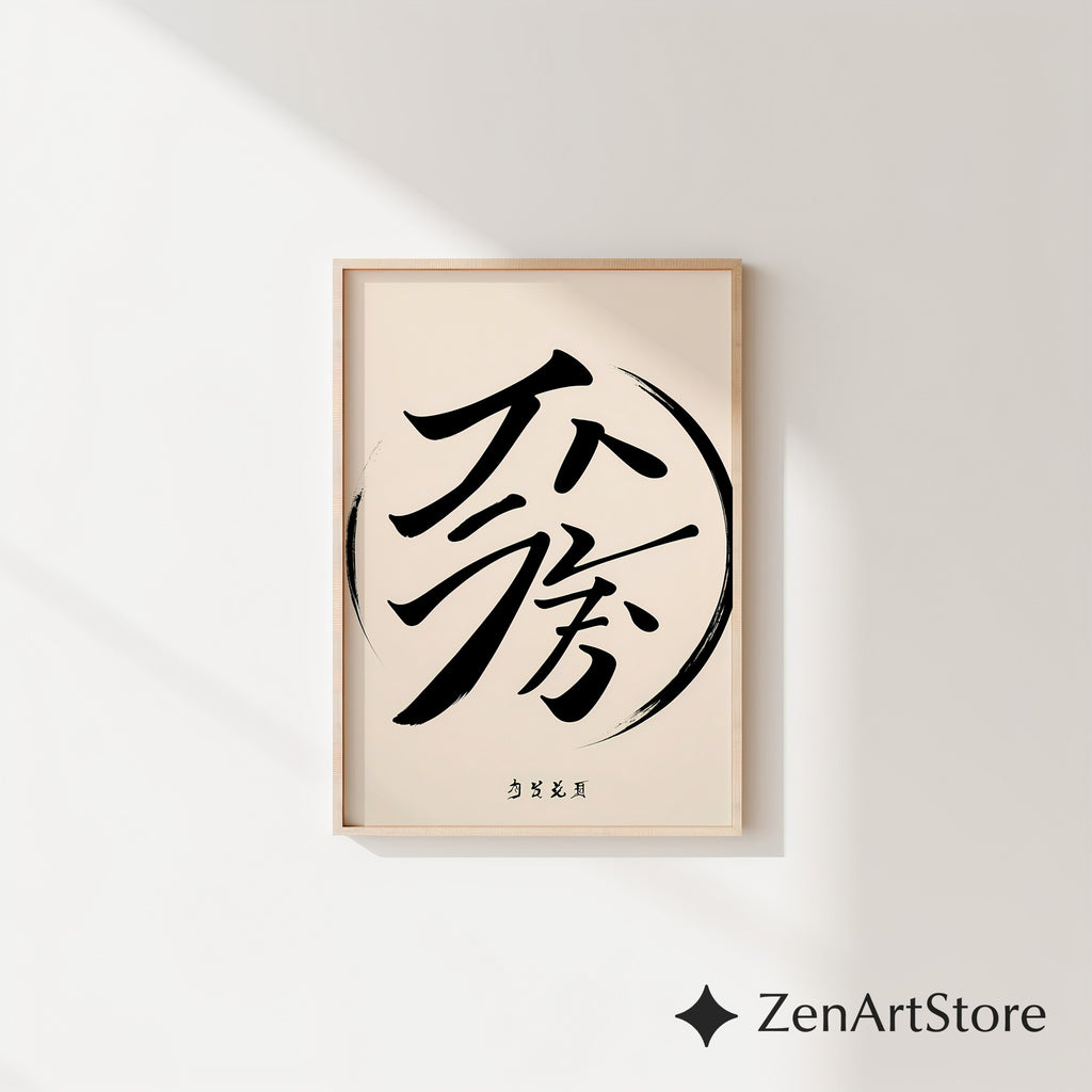Minimalist Asian Calligraphy Wall Art - Zen Black Brush Stroke on Soft Beige - Japandi Wabi Sabi Modern Poster