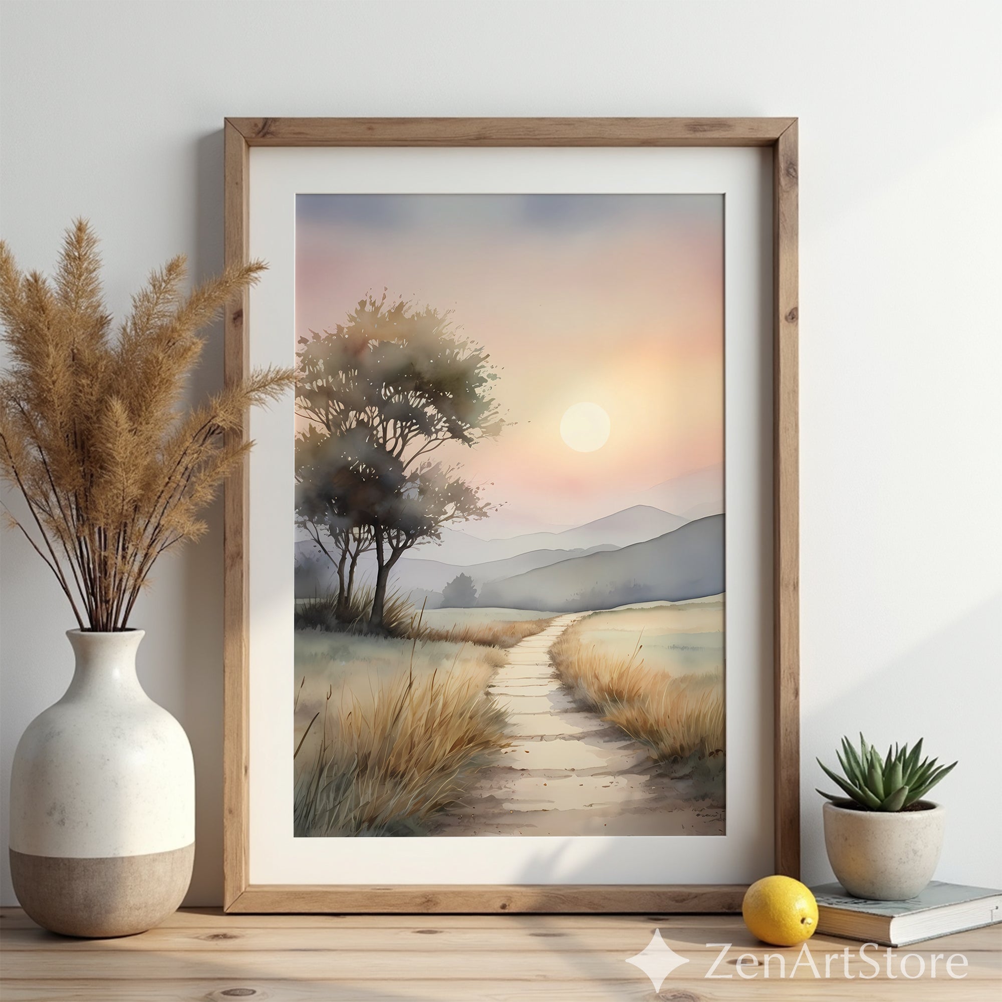 Serene Sunrise Path Watercolor Print - Minimal Neutral Landscape Wall Art for Living Room & Bedroom