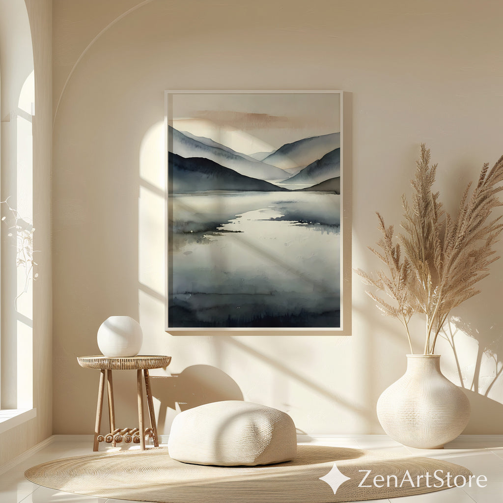 Minimal Abstract Mountain Lake Print - Neutral Japandi Wall Art, Calm Scandinavian Landscape