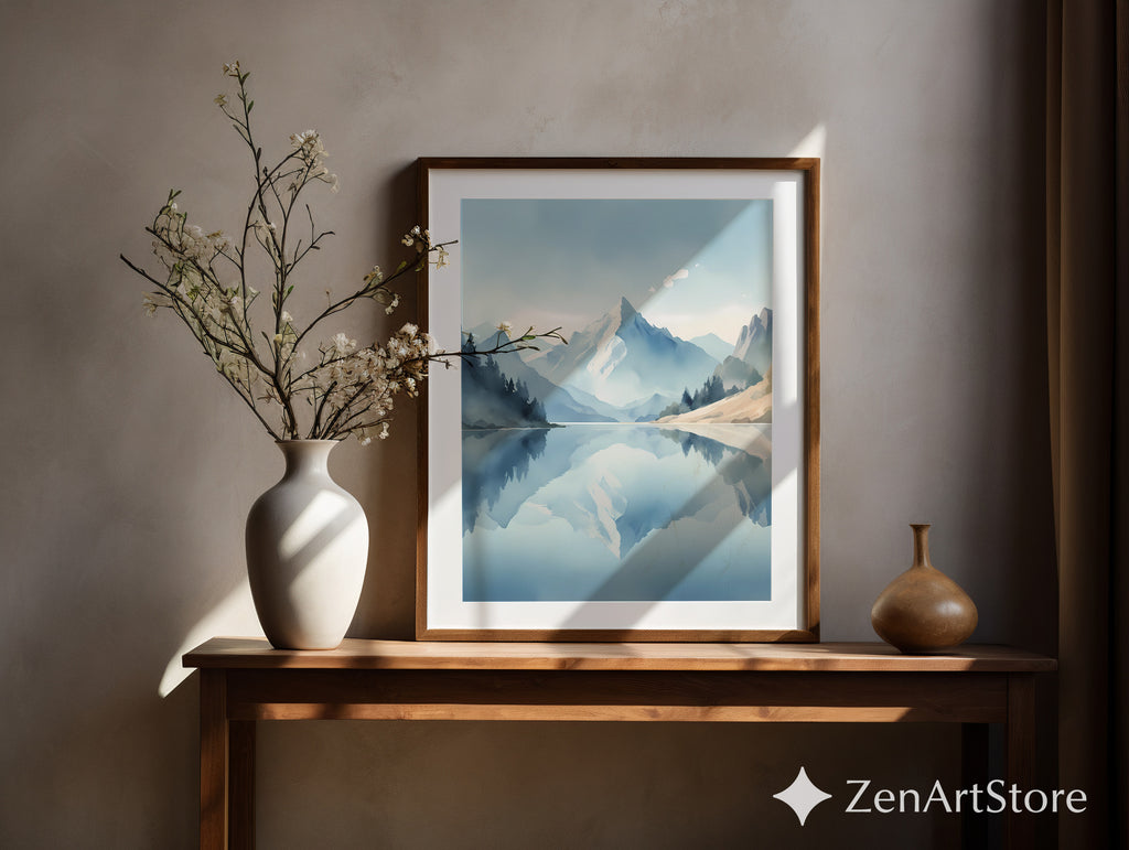 Calm Mountain Lake Wall Art Print - Minimal Blue Landscape Reflection, Scandinavian Zen Home Decor, Japandi Neutral Poster