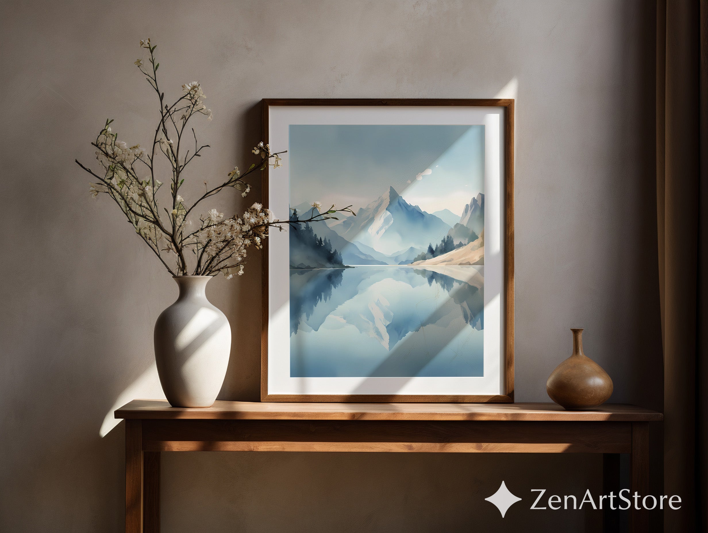 Calm Mountain Lake Wall Art Print - Minimal Blue Landscape Reflection, Scandinavian Zen Home Decor, Japandi Neutral Poster