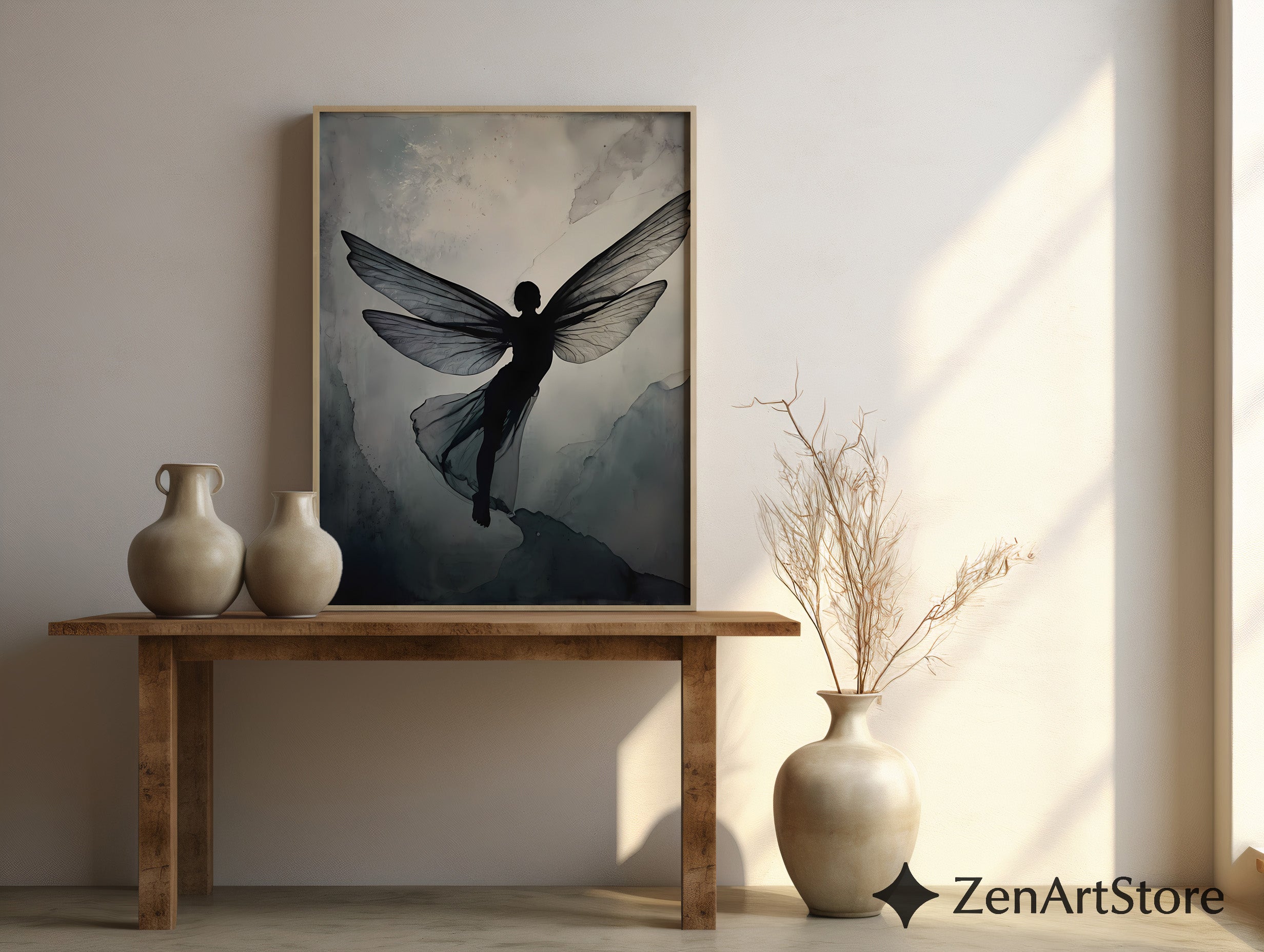 Ethereal Fairy Silhouette Wall Art - Minimal Neutral Wings Print for Japandi Wabi-Sabi Scandinavian Decor