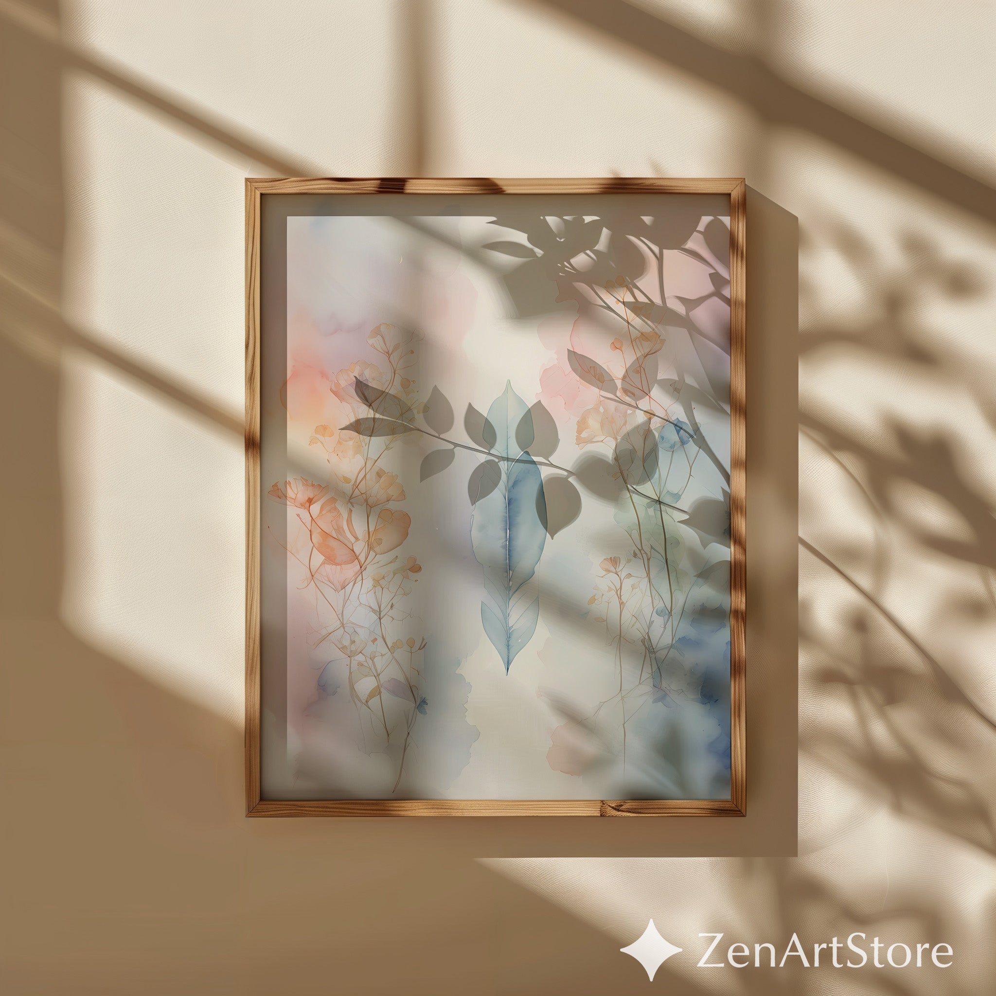 Pastel Botanical Watercolor Feather Print - Minimal Zen Japandi Wall Art, Soft Blush Blue Neutral Home Decor