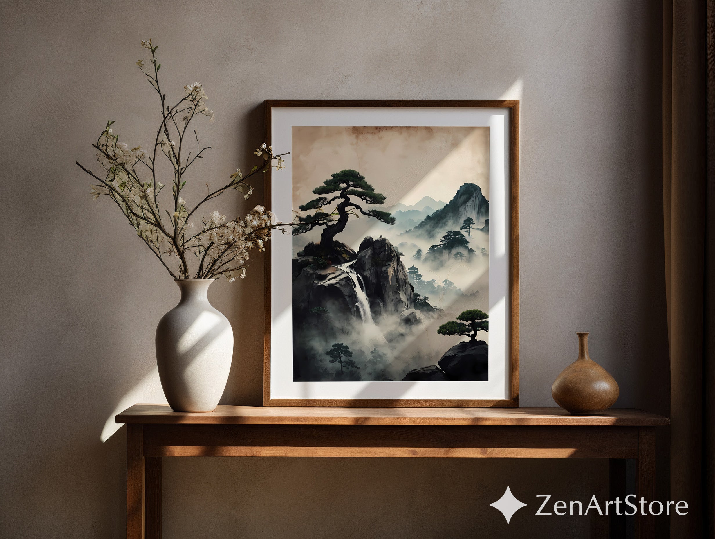Zen Misty Mountain Landscape Print - Japanese Waterfall Bonsai Wall Art, Wabi Sabi Home Decor