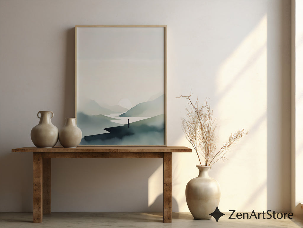 Minimalist Mountain Print - Zen Landscape Wall Art, Japandi Neutral Sun & River, Scandinavian Calm Home Decor