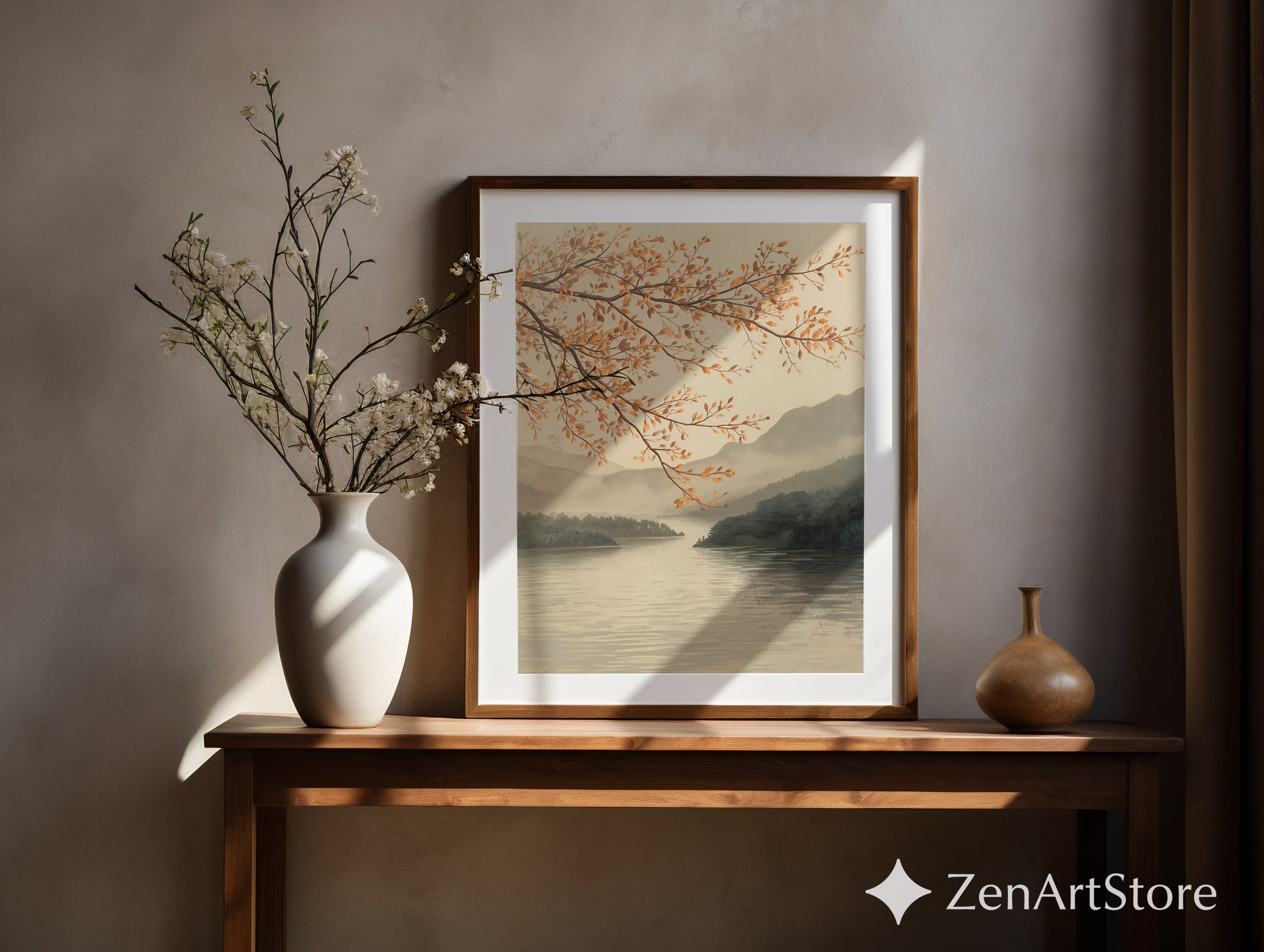 Autumn Lake Branch Wall Art - Neutral Japandi Landscape Print Minimal Zen Botanical Home Decor