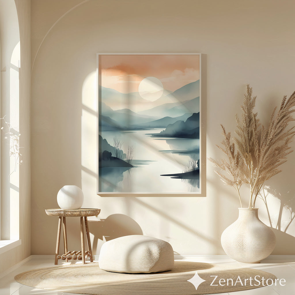 Sunrise Mist Landscape Print – Minimal Japandi Zen Wall Art, Neutral Mountain Lake Poster for Living Room