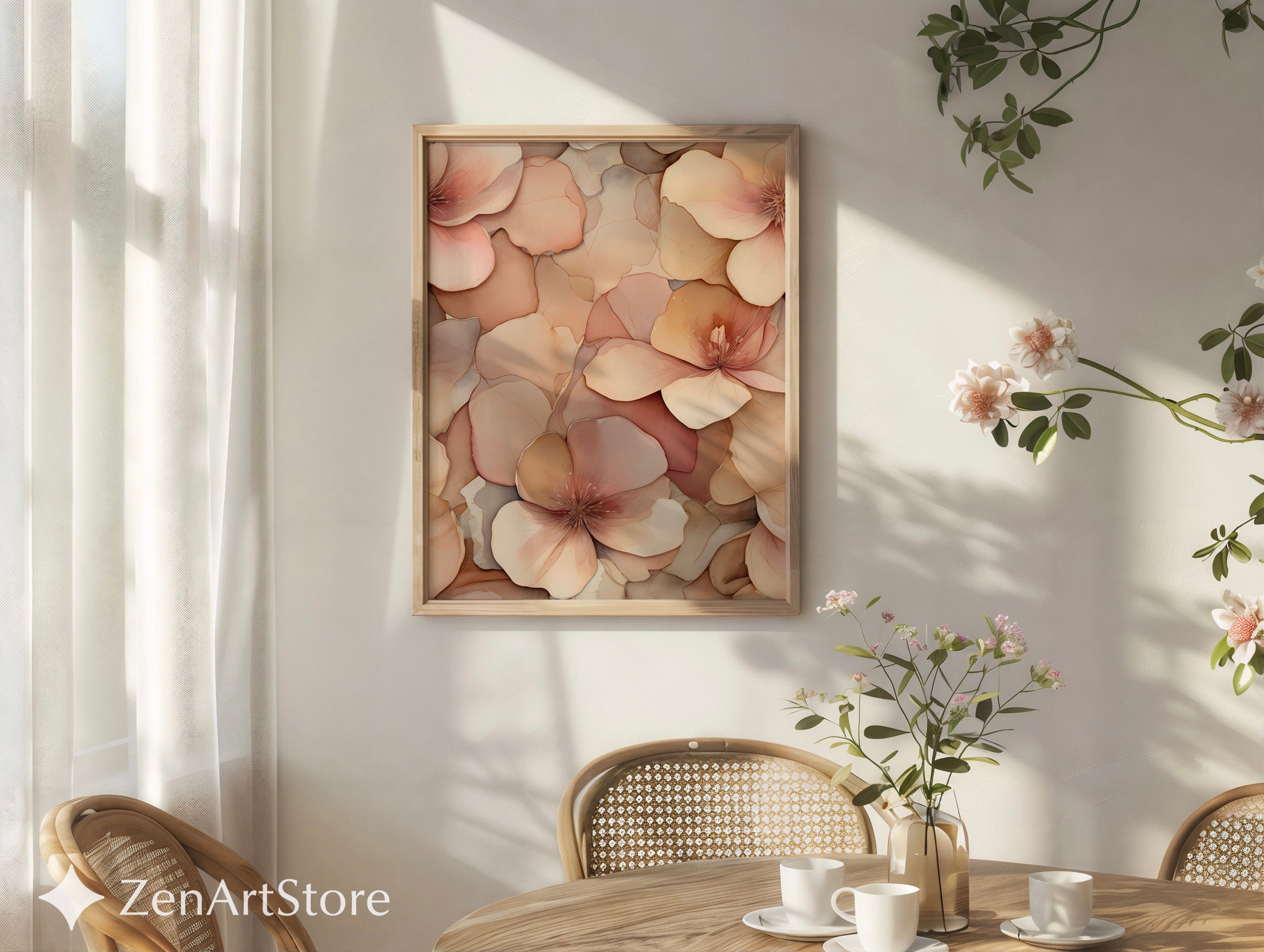 Blush Neutral Floral Wall Art - Soft Peach Botanical Print, Minimal Japandi Canvas for Living Room & Bedroom