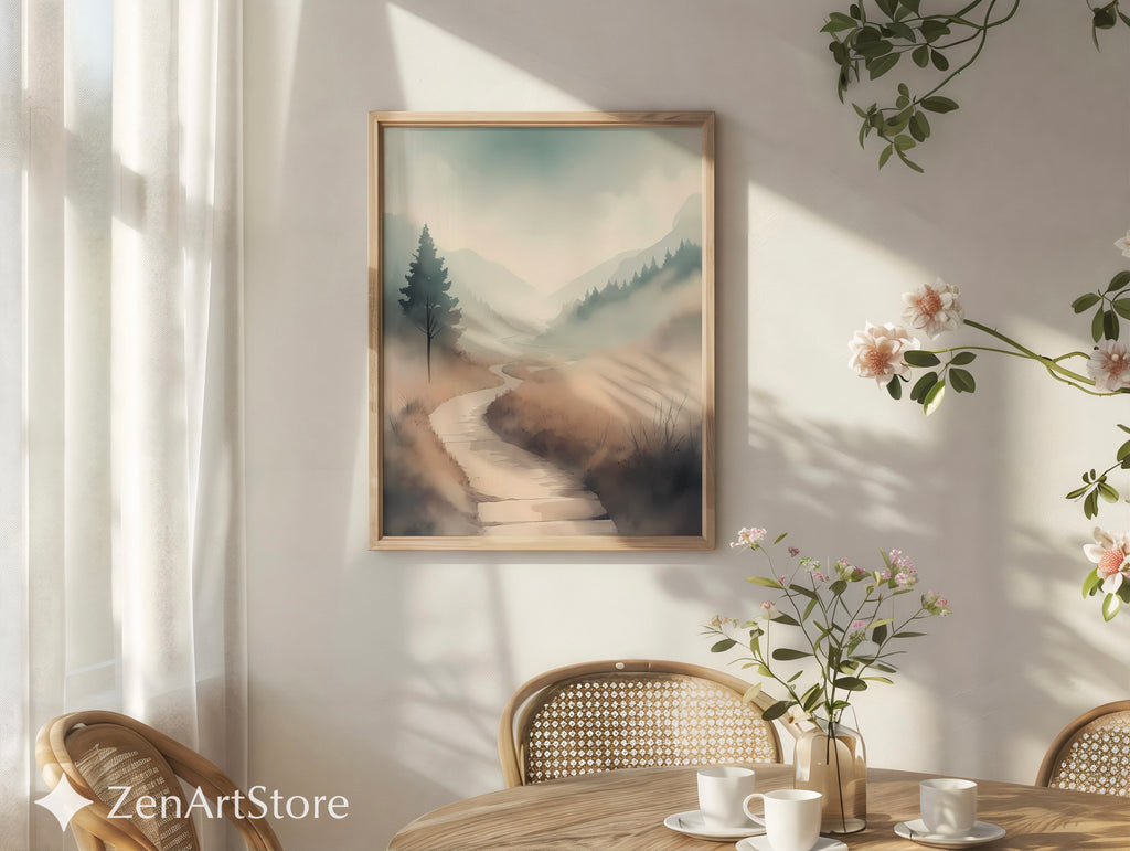Misty Valley Path Print — Neutral Minimal Landscape Art for Japandi, Wabi Sabi Home Decor