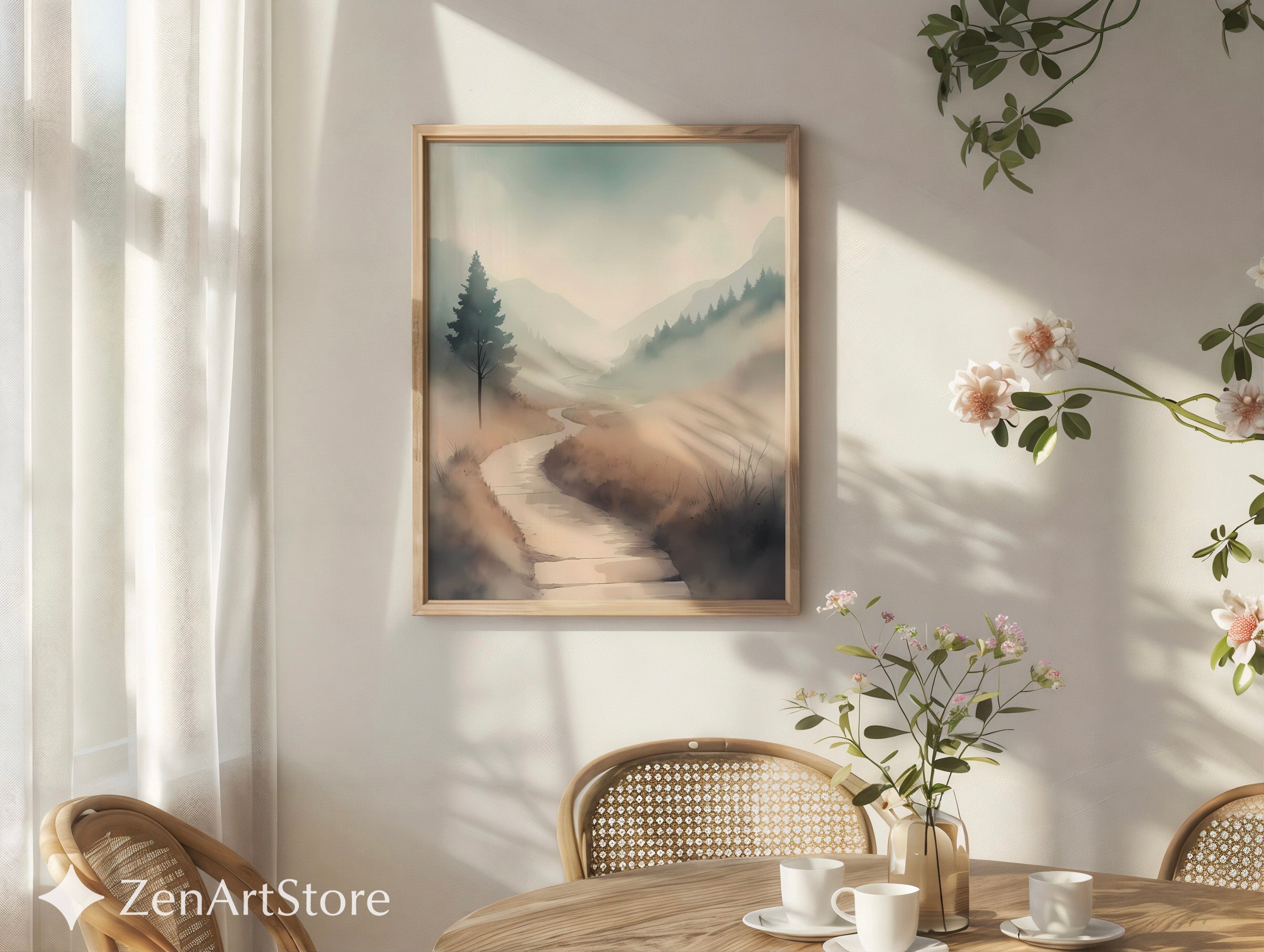 Misty Valley Path Print — Neutral Minimal Landscape Art for Japandi, Wabi Sabi Home Decor