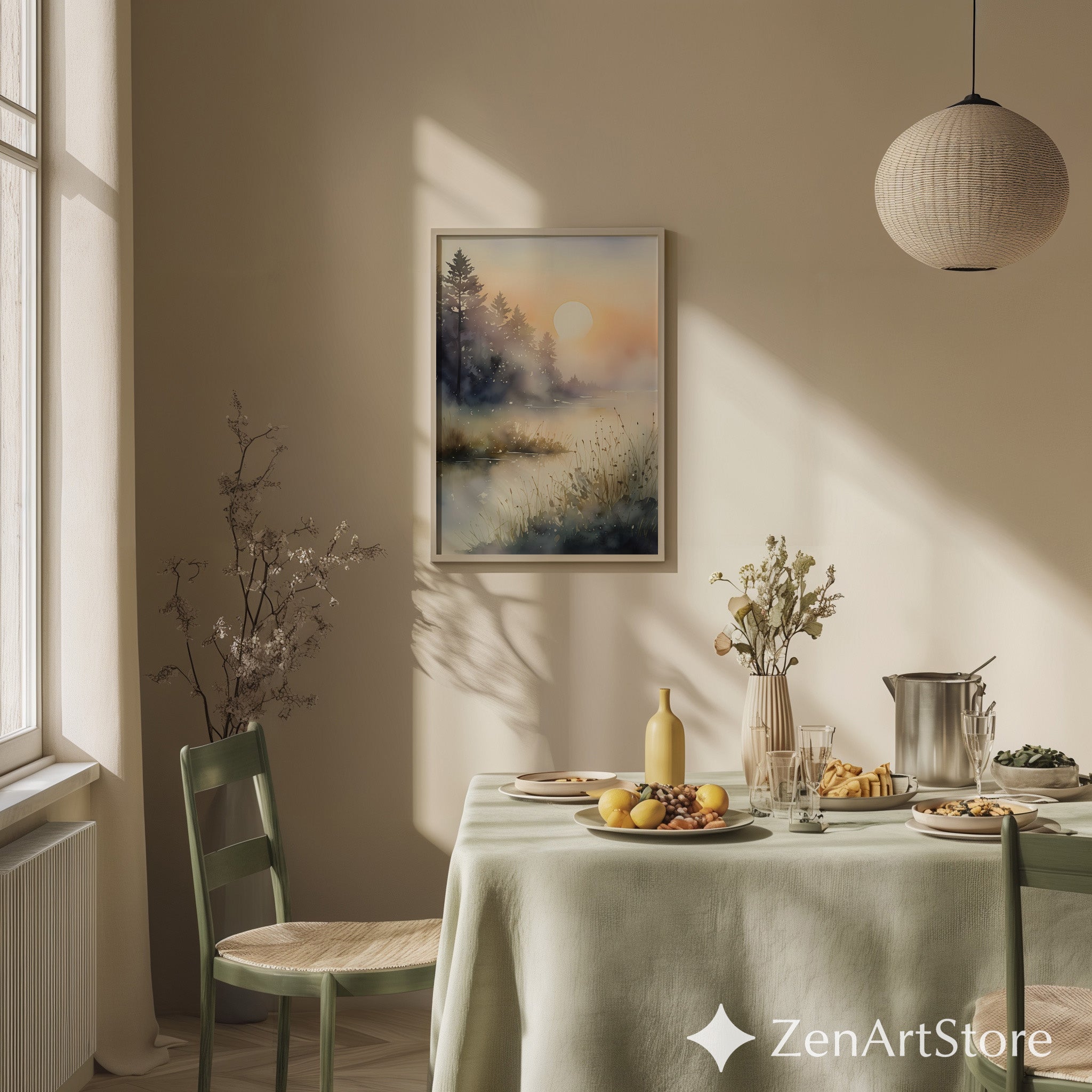 Misty Sunrise Lake Watercolor Print - Serene Scandinavian Japandi Landscape Art for Living Room & Bedroom Minimal Wall Decor