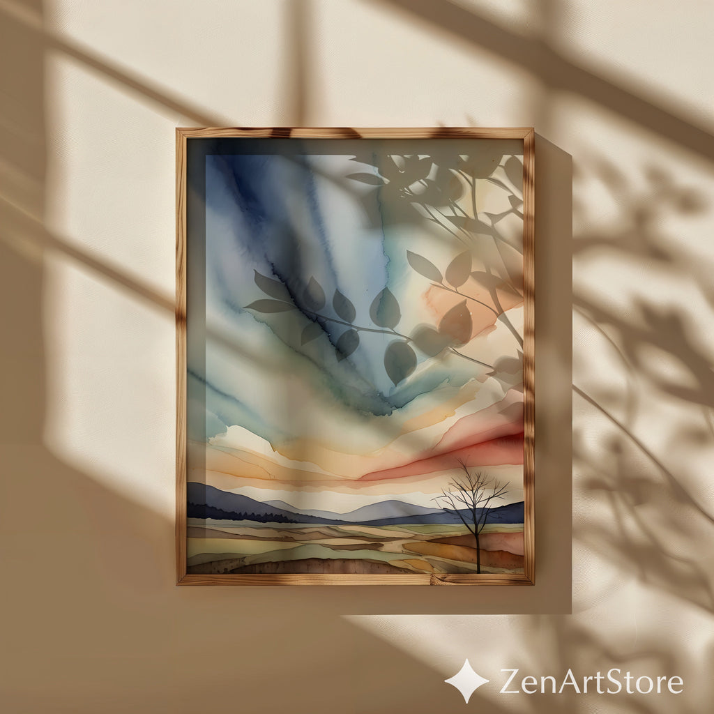 Abstract Zen Landscape Watercolor Print - Minimal Japandi Wall Art, Neutral Sky & Hills for Living Room
