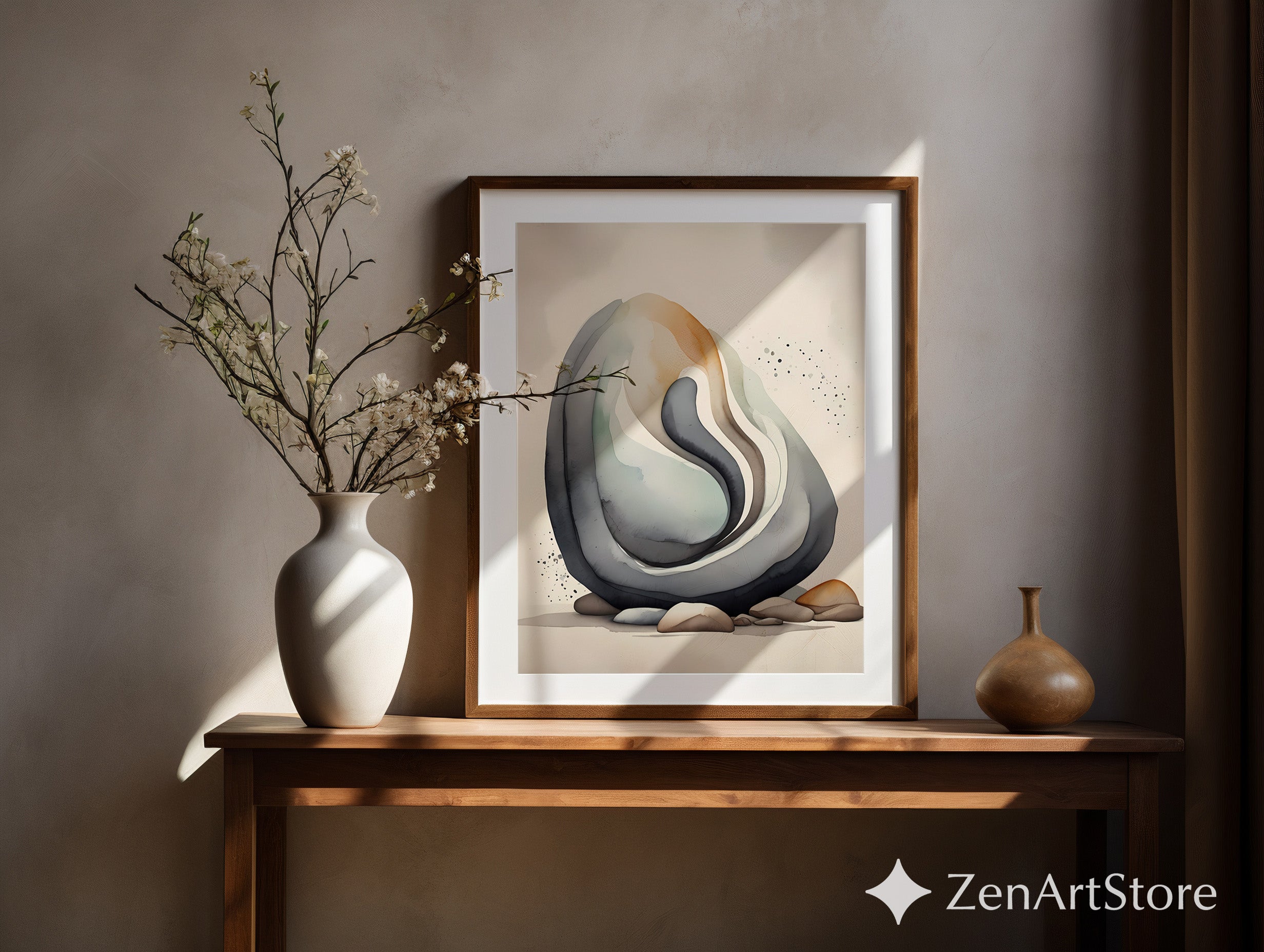 Abstract Neutral Stone Layers Wall Art - Minimal Japandi Wabi Sabi Print, Beige Black Earth Tone Home Decor