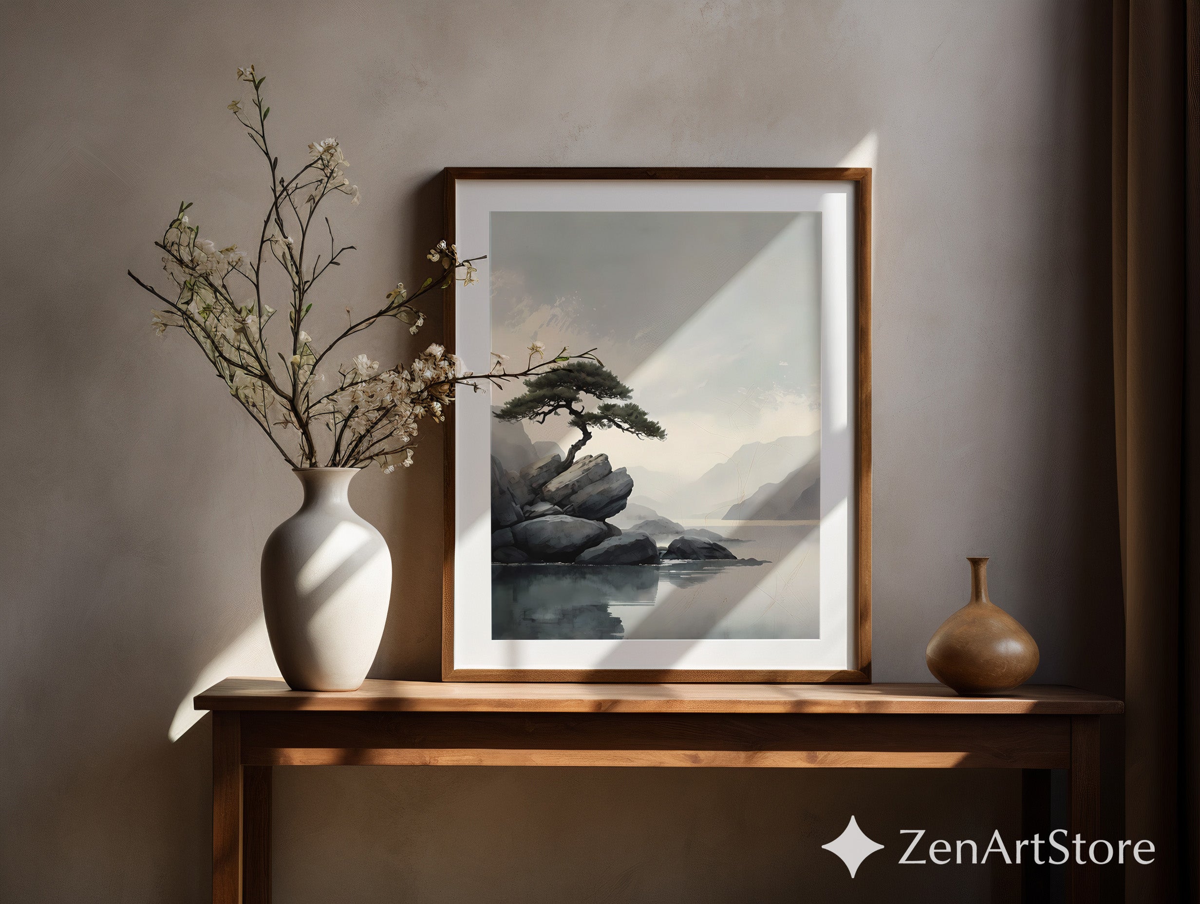 Zen Minimalist Landscape Print Lone Pine on Rocks - Japandi Scandinavian Wall Art Neutral Calm Home Decor