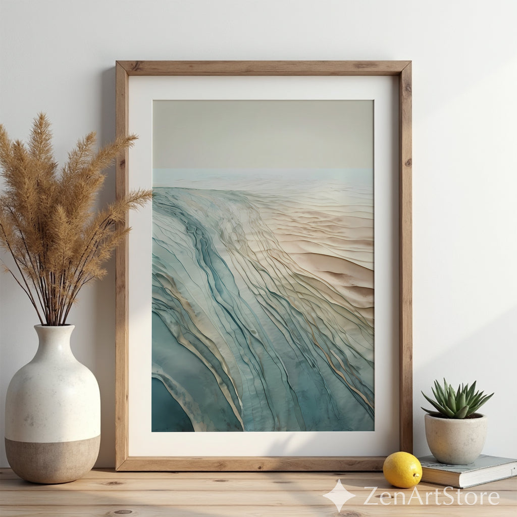 Abstract Coastal Landscape Wall Art - Neutral Blue Beige Minimal Print for Living Room, Japandi Wabi Sabi Decor