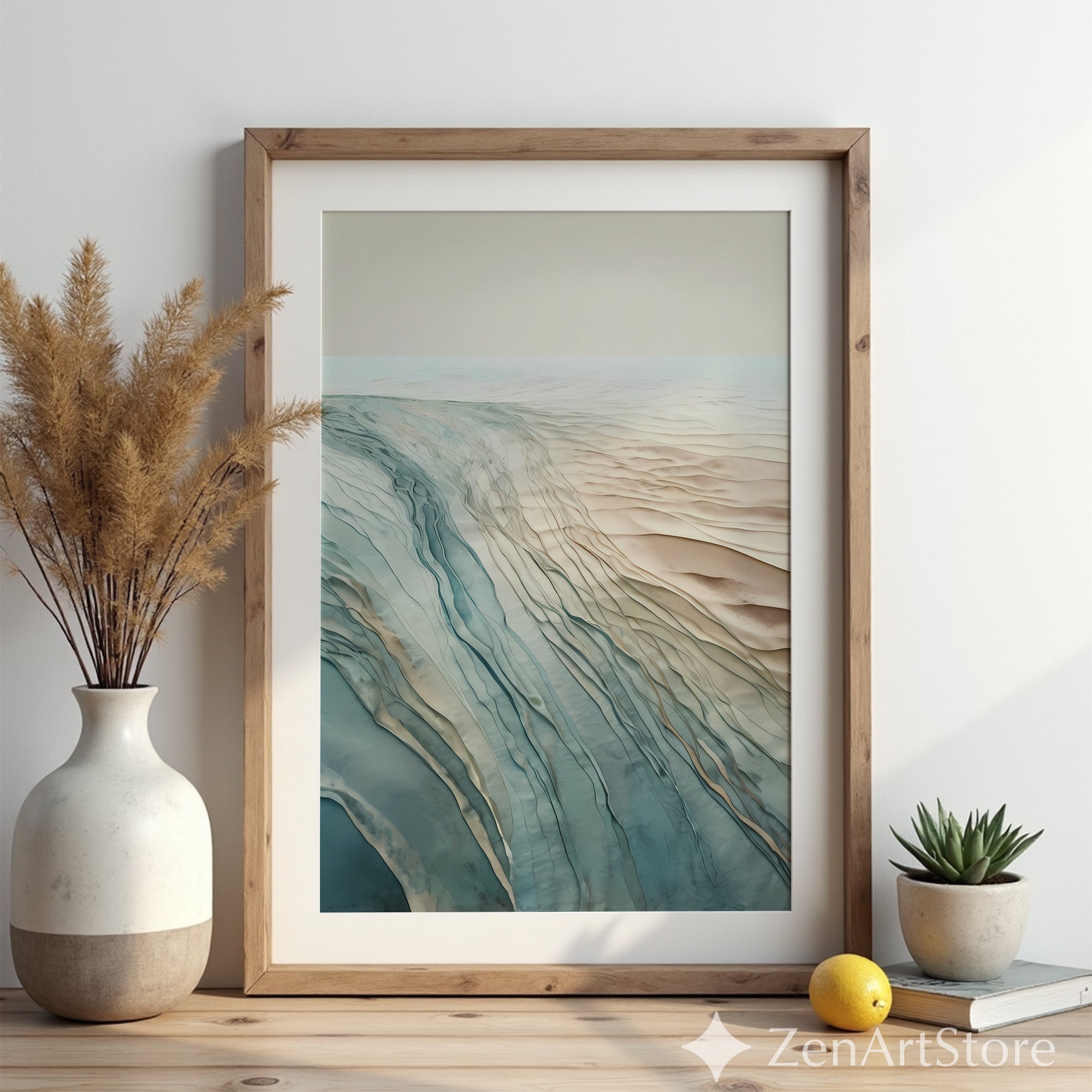 Abstract Coastal Landscape Wall Art - Neutral Blue Beige Minimal Print for Living Room, Japandi Wabi Sabi Decor