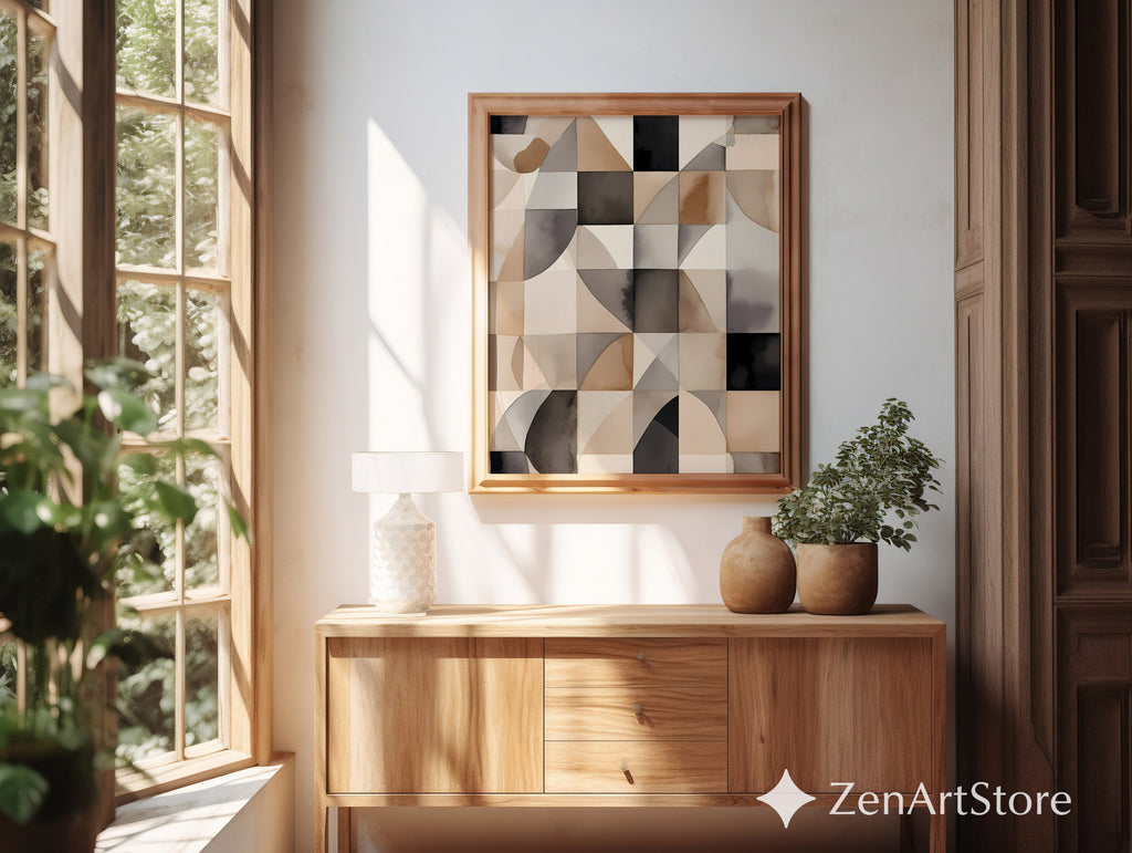 Neutral Geometric Abstract Art Print - Beige Brown Black Minimal Japandi Wabi Sabi Wall Decor