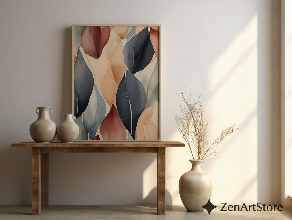 Abstract Botanical Leaf Art Print - Neutral Beige Blush Navy Wall Decor - Japandi Minimalist Modern Home Decor