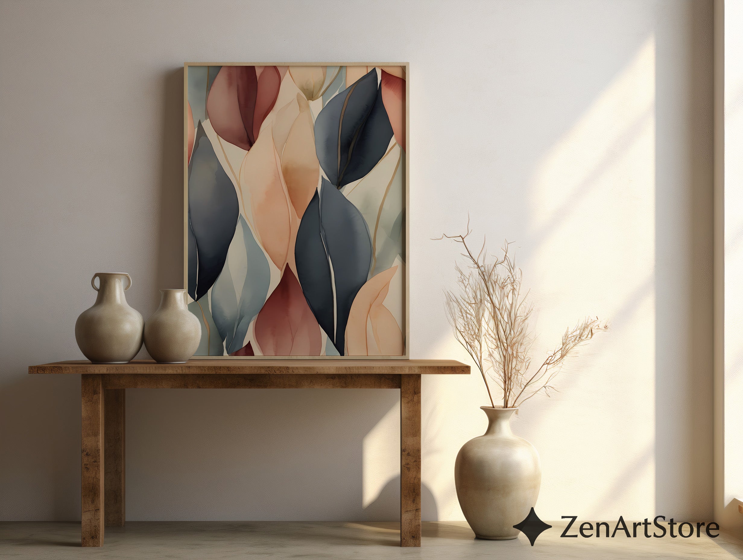 Abstract Botanical Leaf Art Print - Neutral Beige Blush Navy Wall Decor - Japandi Minimalist Modern Home Decor