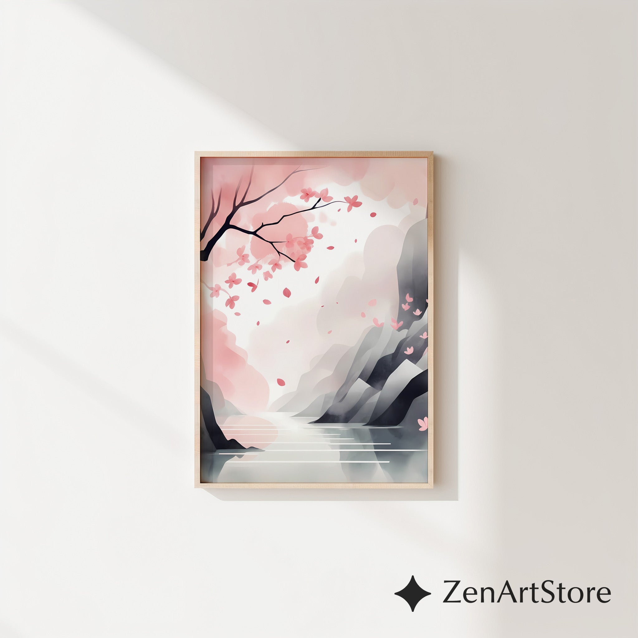 Cherry Blossom Landscape Print - Minimal Sakura Wall Art Pastel Pink Japandi Zen Print for Living Room Bedroom Nursery