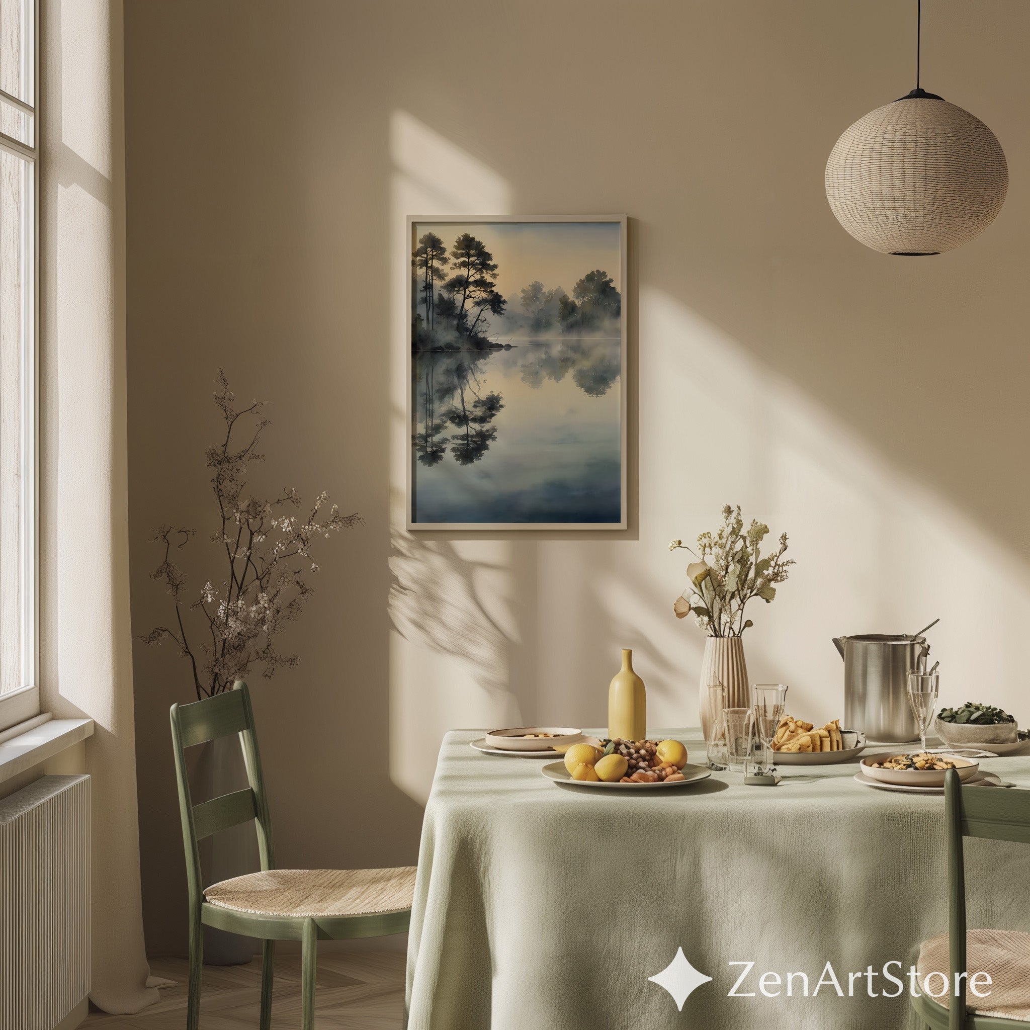 Misty Lake Reflection Watercolor Print - Calm Neutral Landscape Wall Art for Bedroom, Living Room, Japandi & Scandinavian Decor