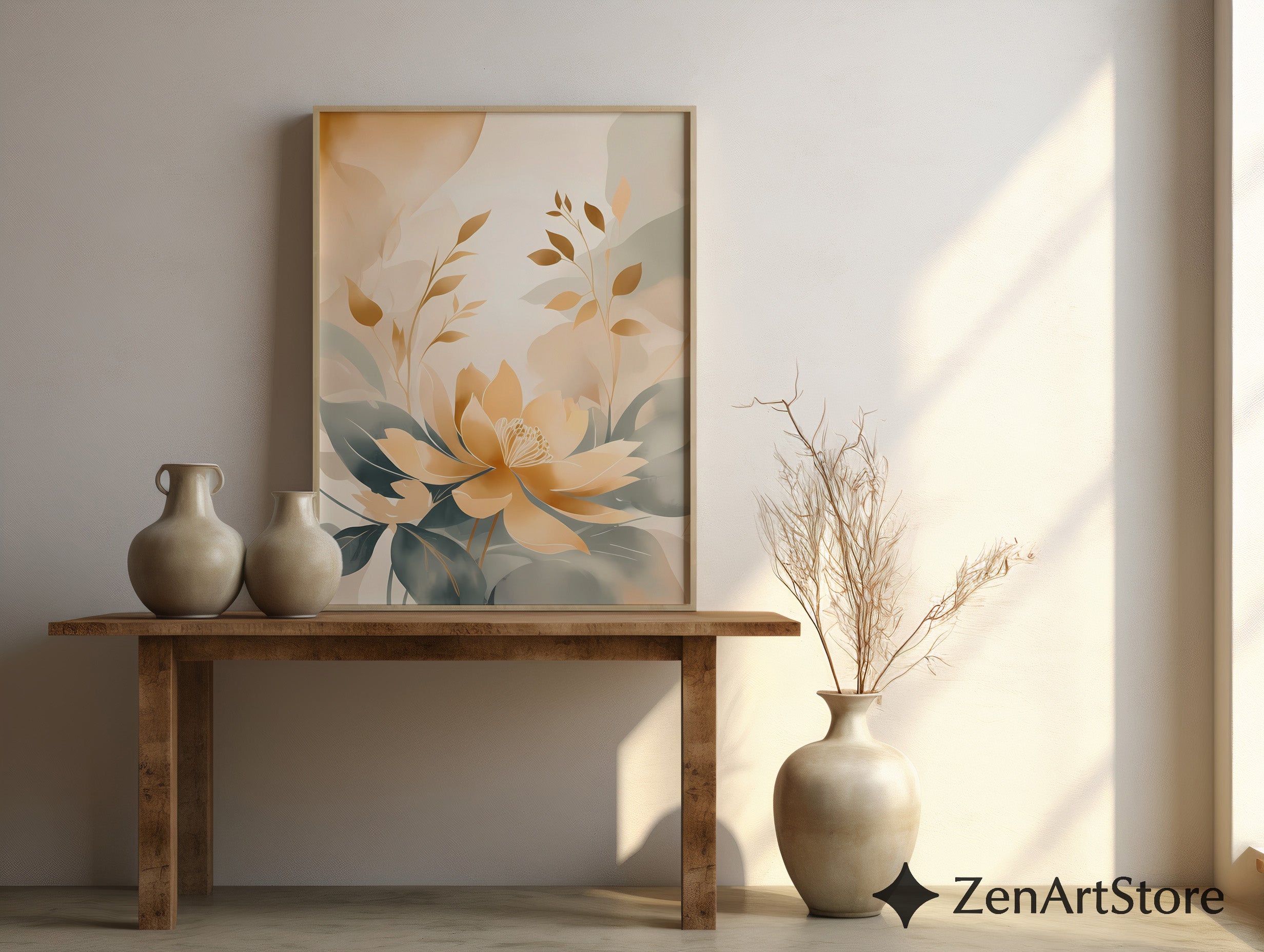 Golden Lotus Botanical Wall Art - Neutral Beige & Sage Floral Print, Japandi Minimalist Abstract Flower Poster