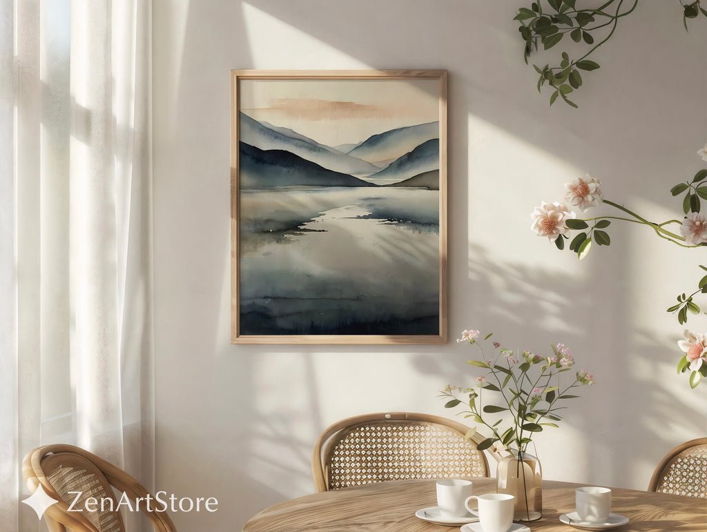 Minimal Abstract Mountain Lake Print - Neutral Japandi Wall Art, Calm Scandinavian Landscape